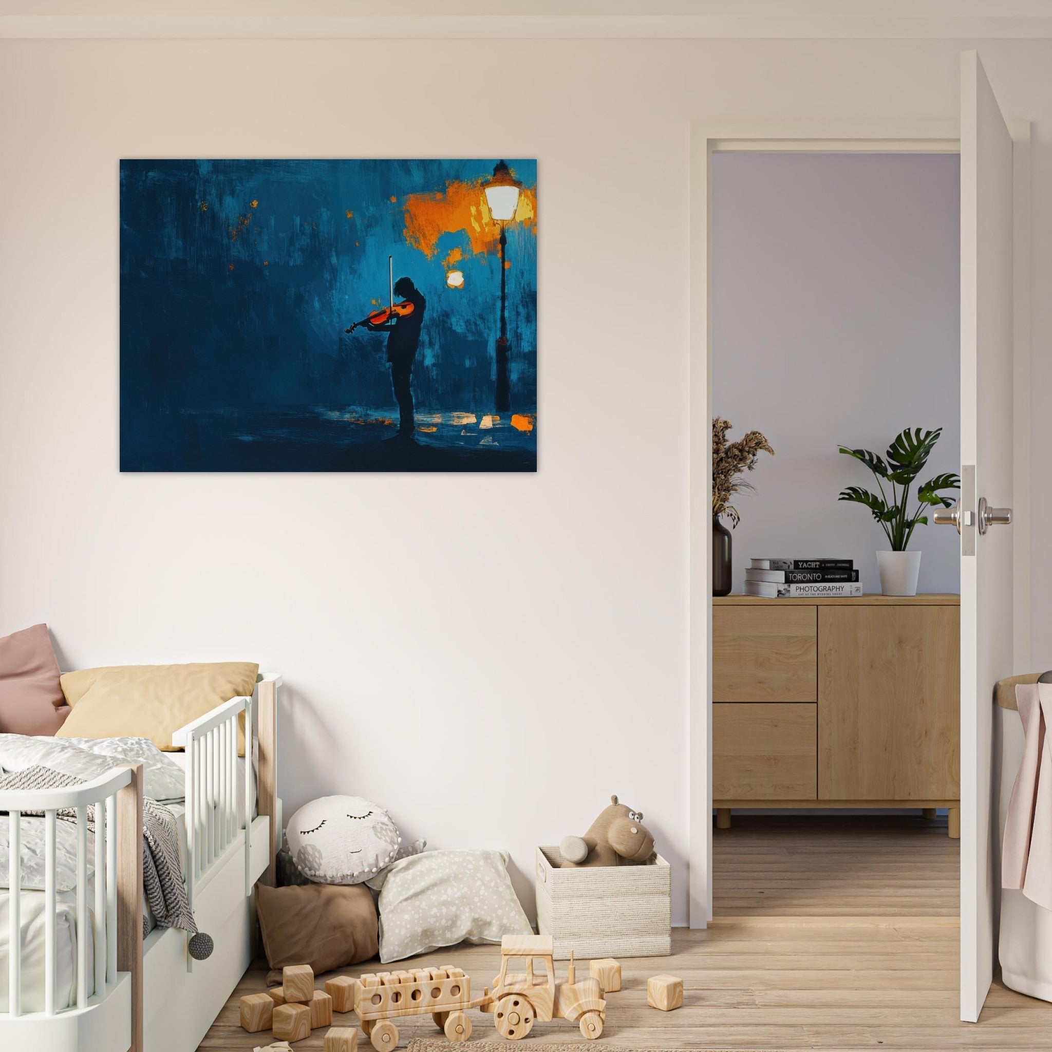 Fine Art Poster Landscape - A lone violinist stands beneath a flickering sir 2 - Shop Ai Art WebShop - Digital Art online Store