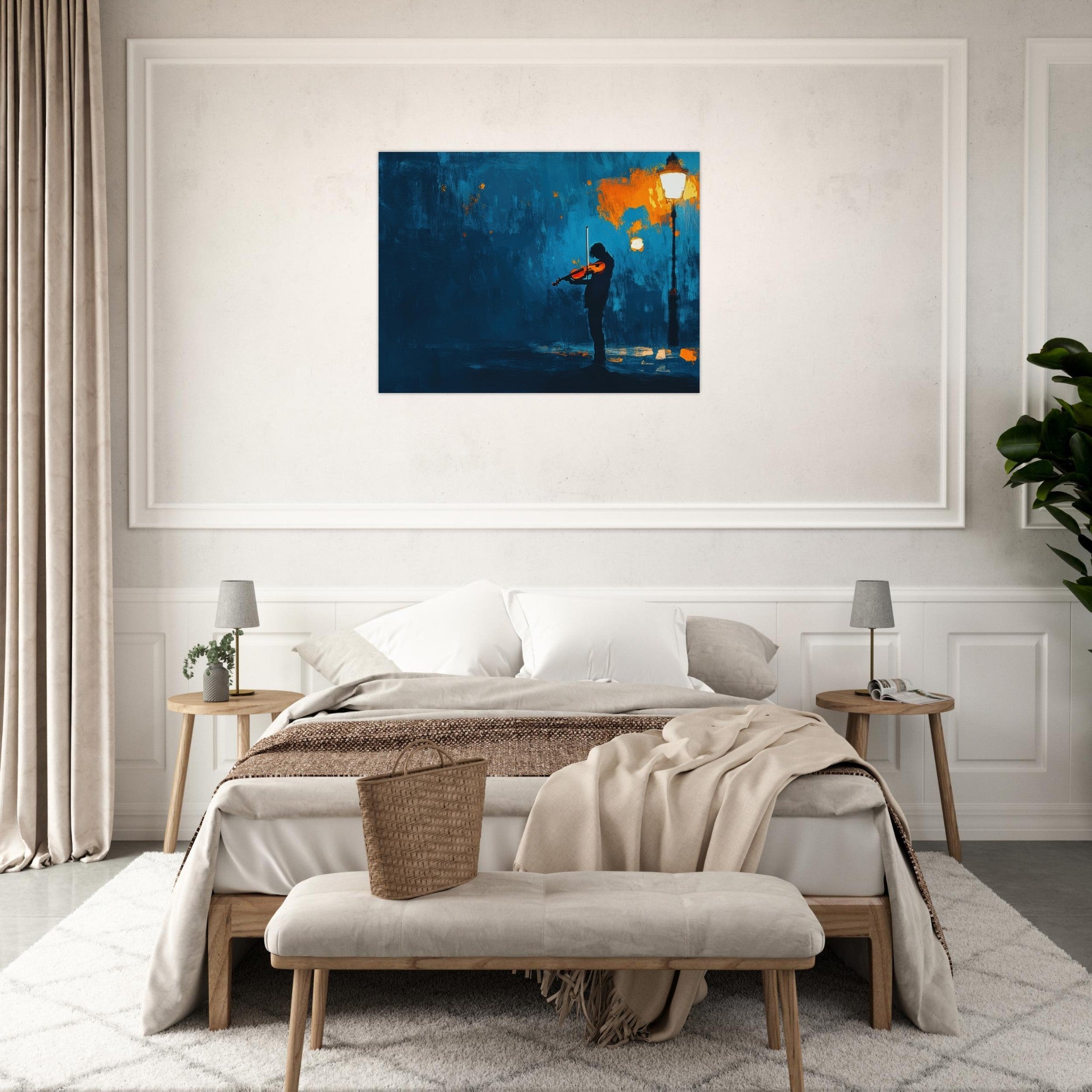 Fine Art Poster Landscape - A lone violinist stands beneath a flickering sir 2 - Shop Ai Art WebShop - Digital Art online Store