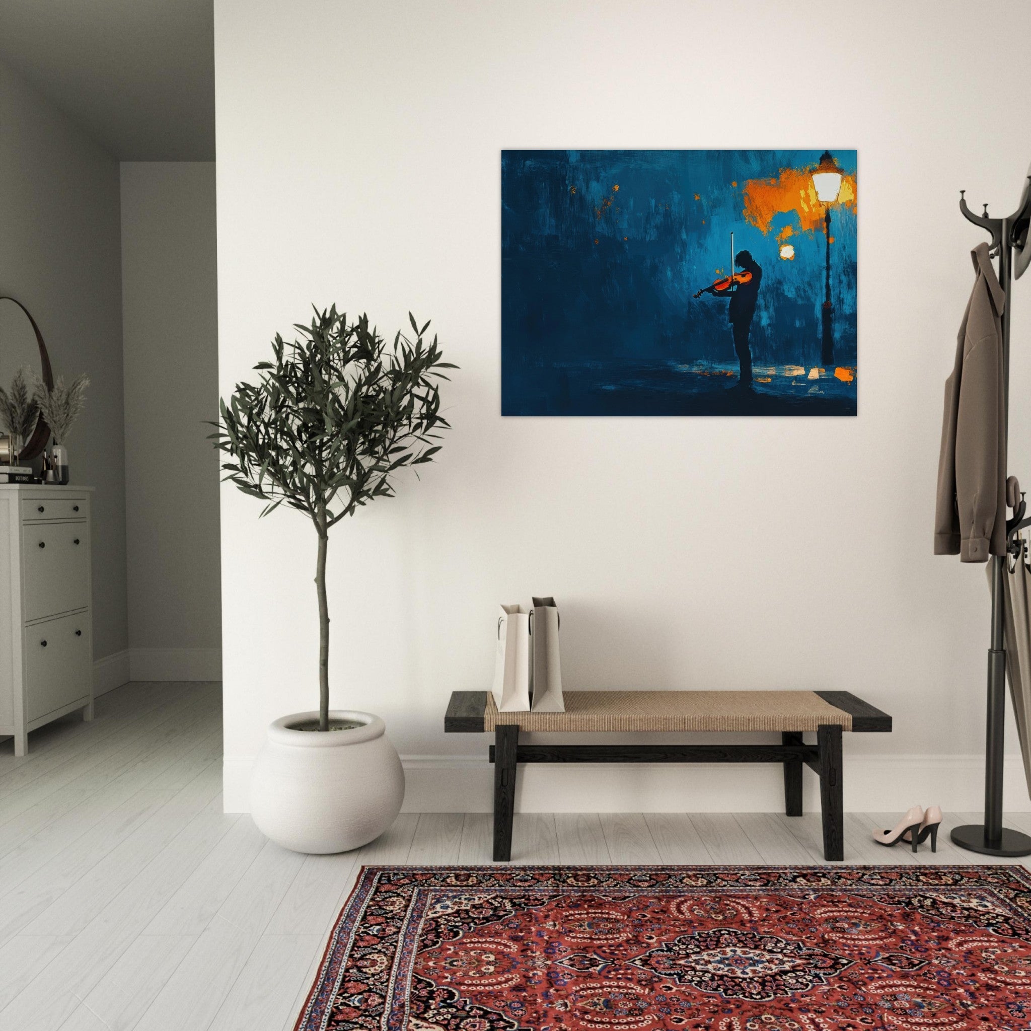 Fine Art Poster Landscape - A lone violinist stands beneath a flickering sir 2 - Shop Ai Art WebShop - Digital Art online Store