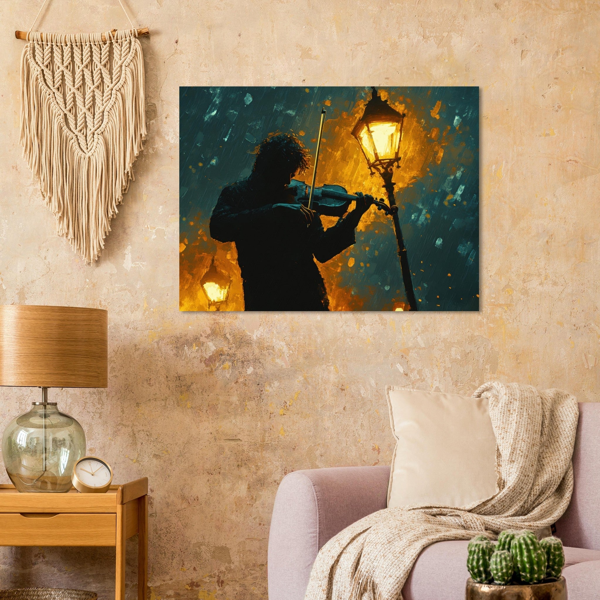 Fine Art Poster Landscape - A lone violinist stands beneath a flickering sir - Shop Ai Art WebShop - Digital Art online Store