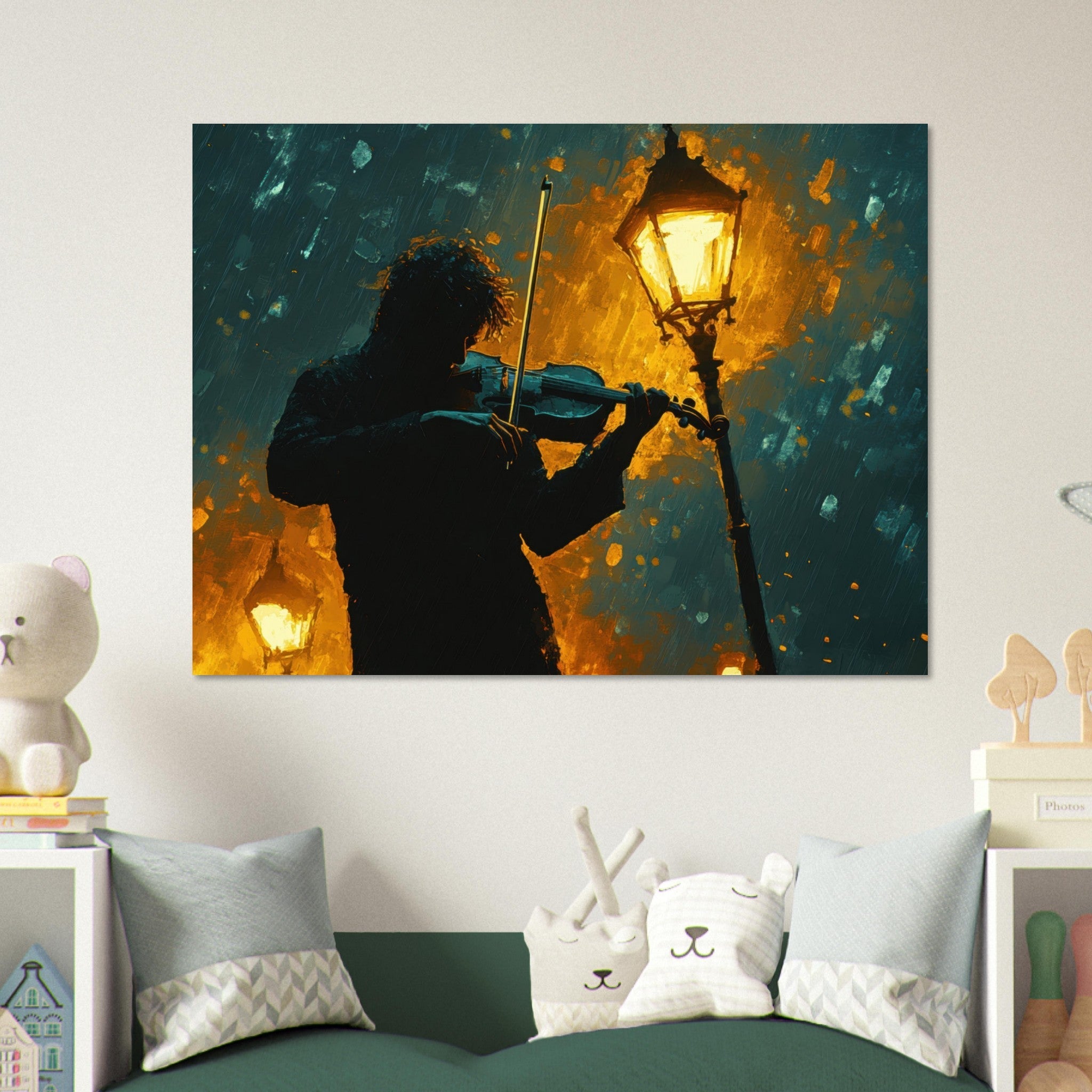 Fine Art Poster Landscape - A lone violinist stands beneath a flickering sir - Shop Ai Art WebShop - Digital Art online Store