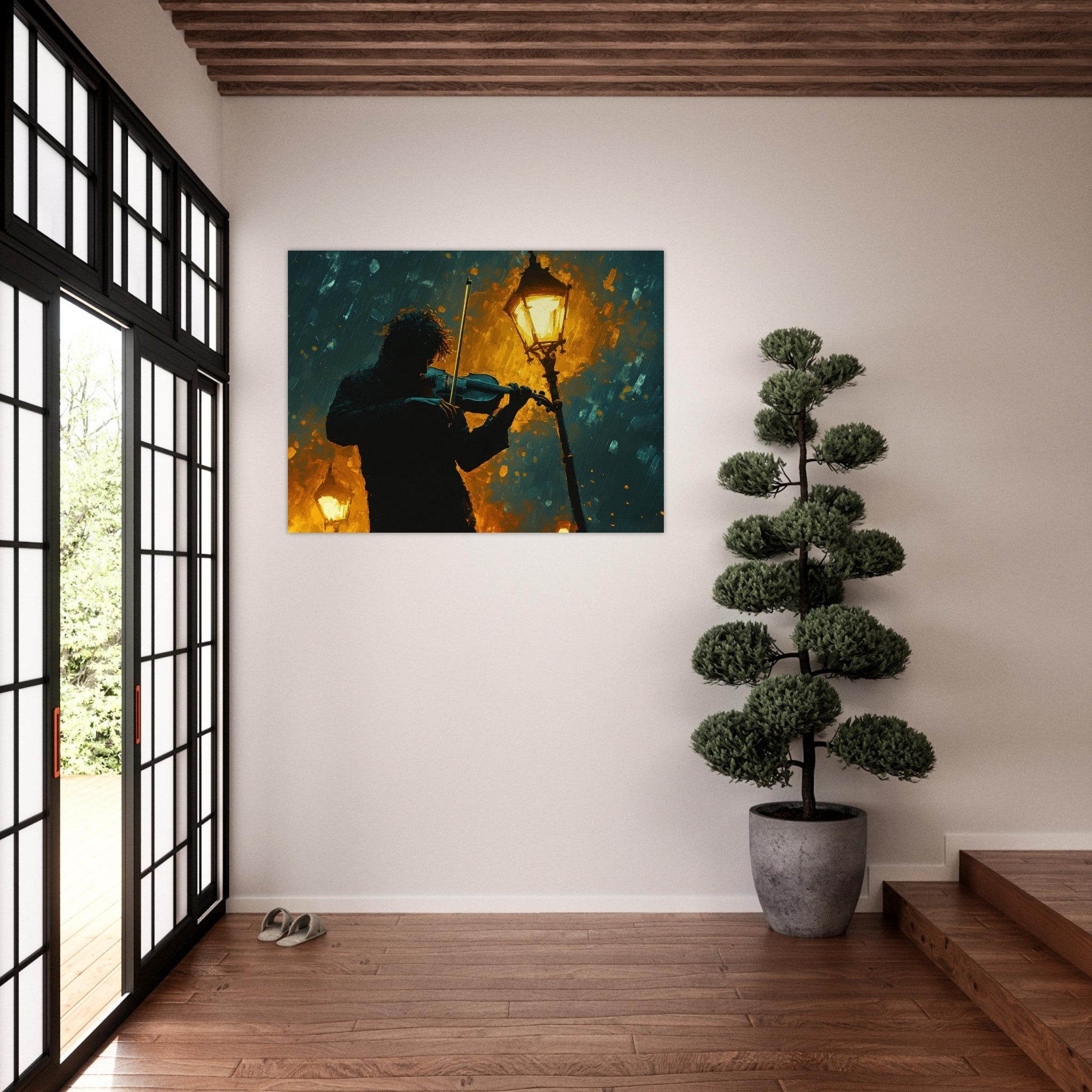 Fine Art Poster Landscape - A lone violinist stands beneath a flickering sir - Shop Ai Art WebShop - Digital Art online Store