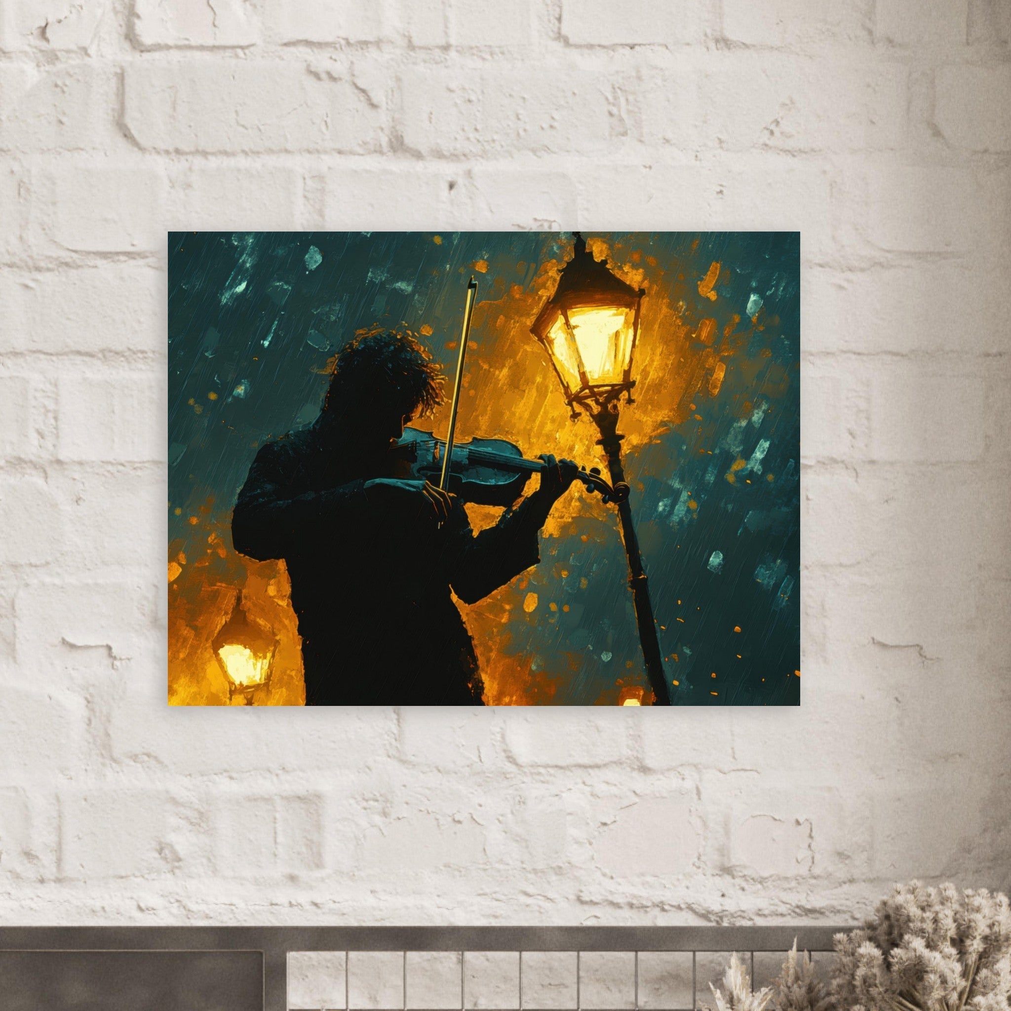Fine Art Poster Landscape - A lone violinist stands beneath a flickering sir - Shop Ai Art WebShop - Digital Art online Store