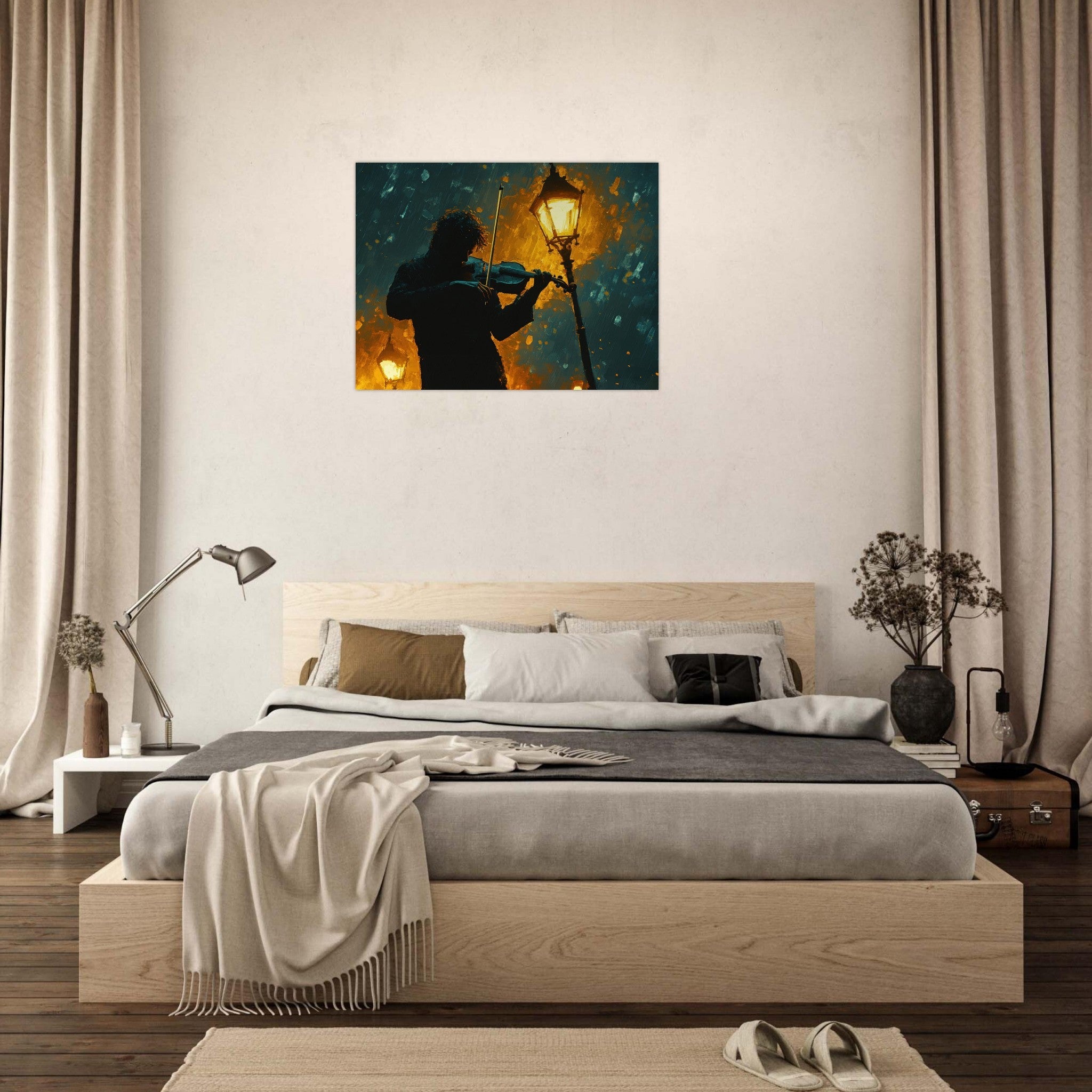 Fine Art Poster Landscape - A lone violinist stands beneath a flickering sir - Shop Ai Art WebShop - Digital Art online Store