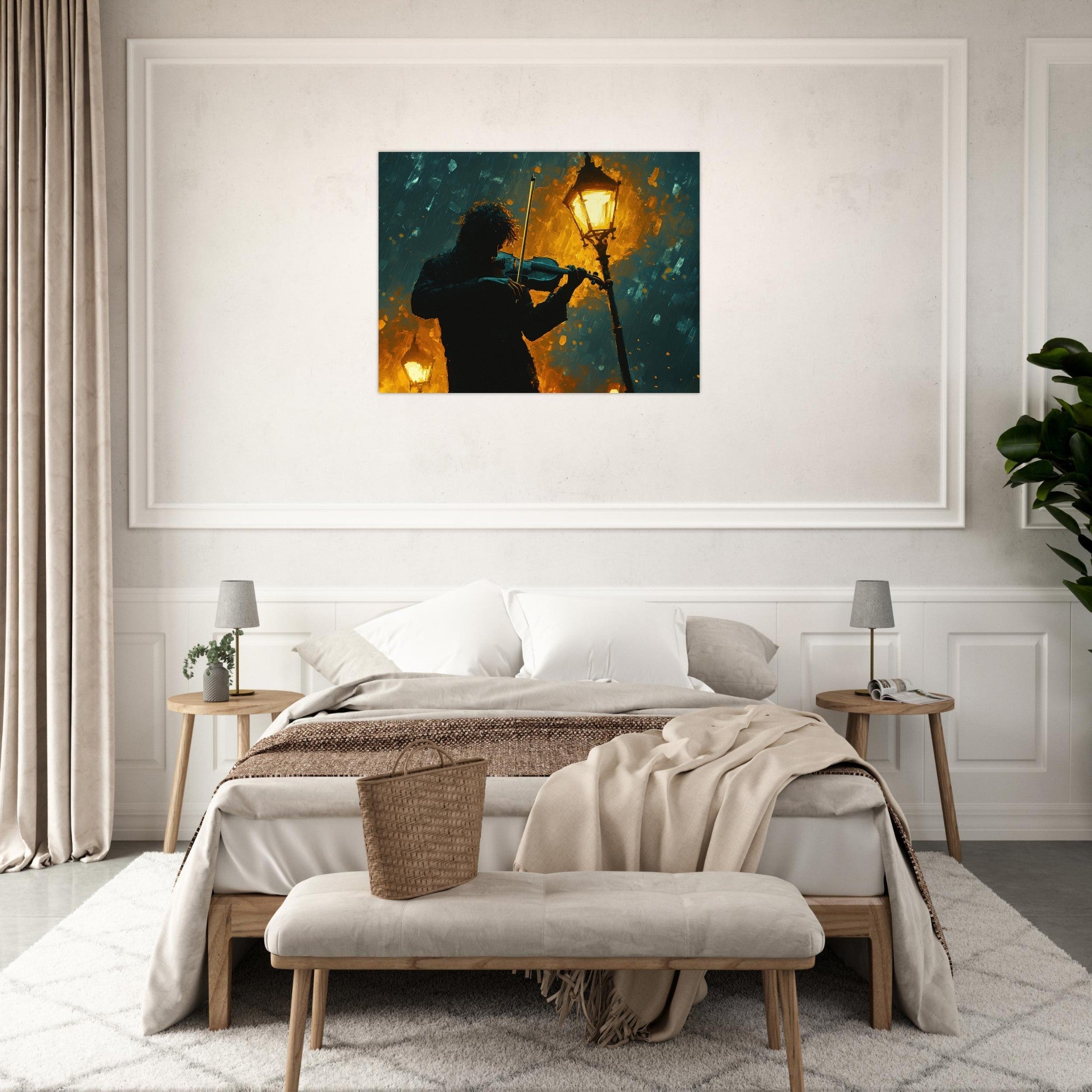Fine Art Poster Landscape - A lone violinist stands beneath a flickering sir - Shop Ai Art WebShop - Digital Art online Store