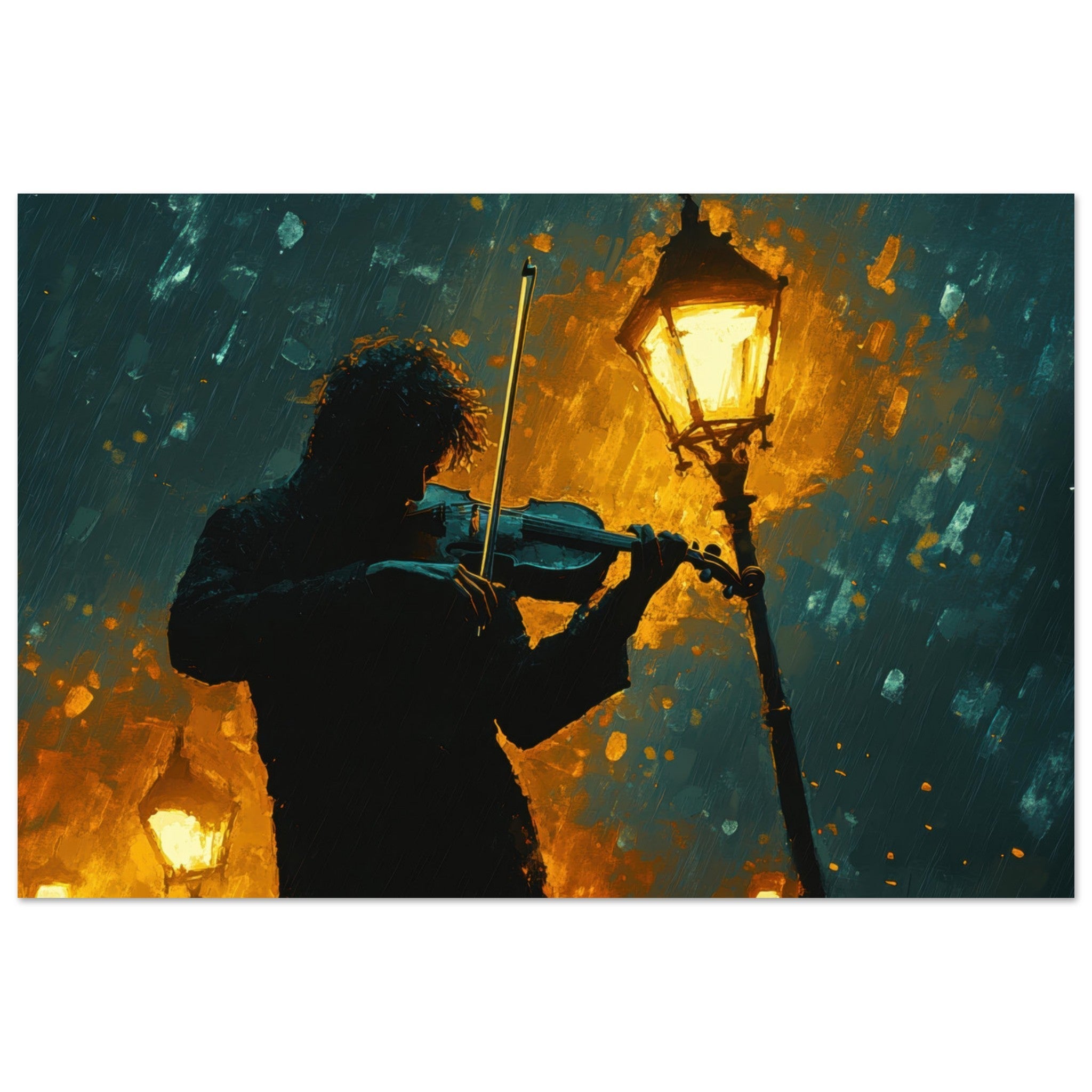 Fine Art Poster Landscape - A lone violinist stands beneath a flickering sir - Shop Ai Art WebShop - Digital Art online Store