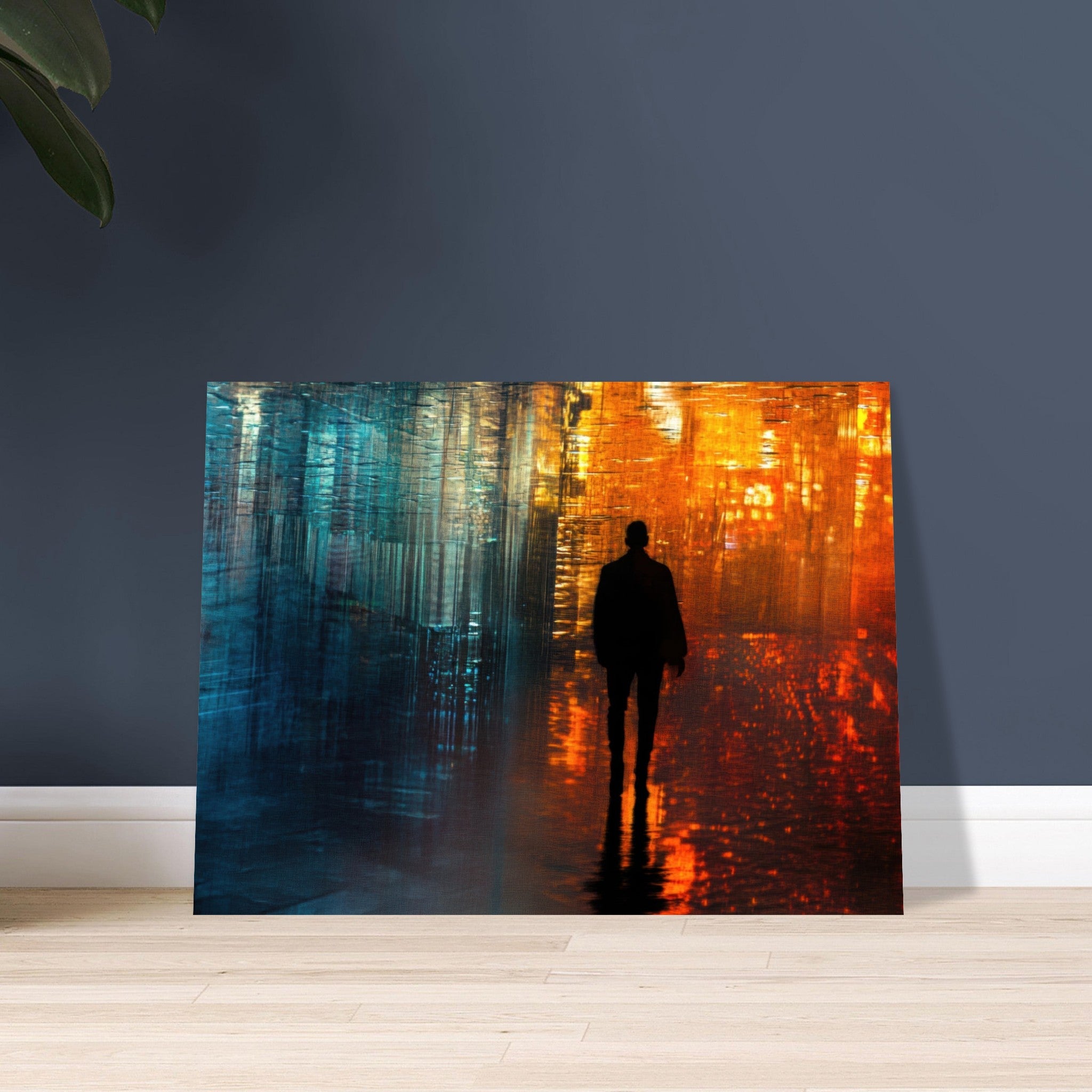 Fine Art Poster Landscape - A lonely figure walks the rain - drenched streets - Shop Ai Art WebShop - Digital Art online Store