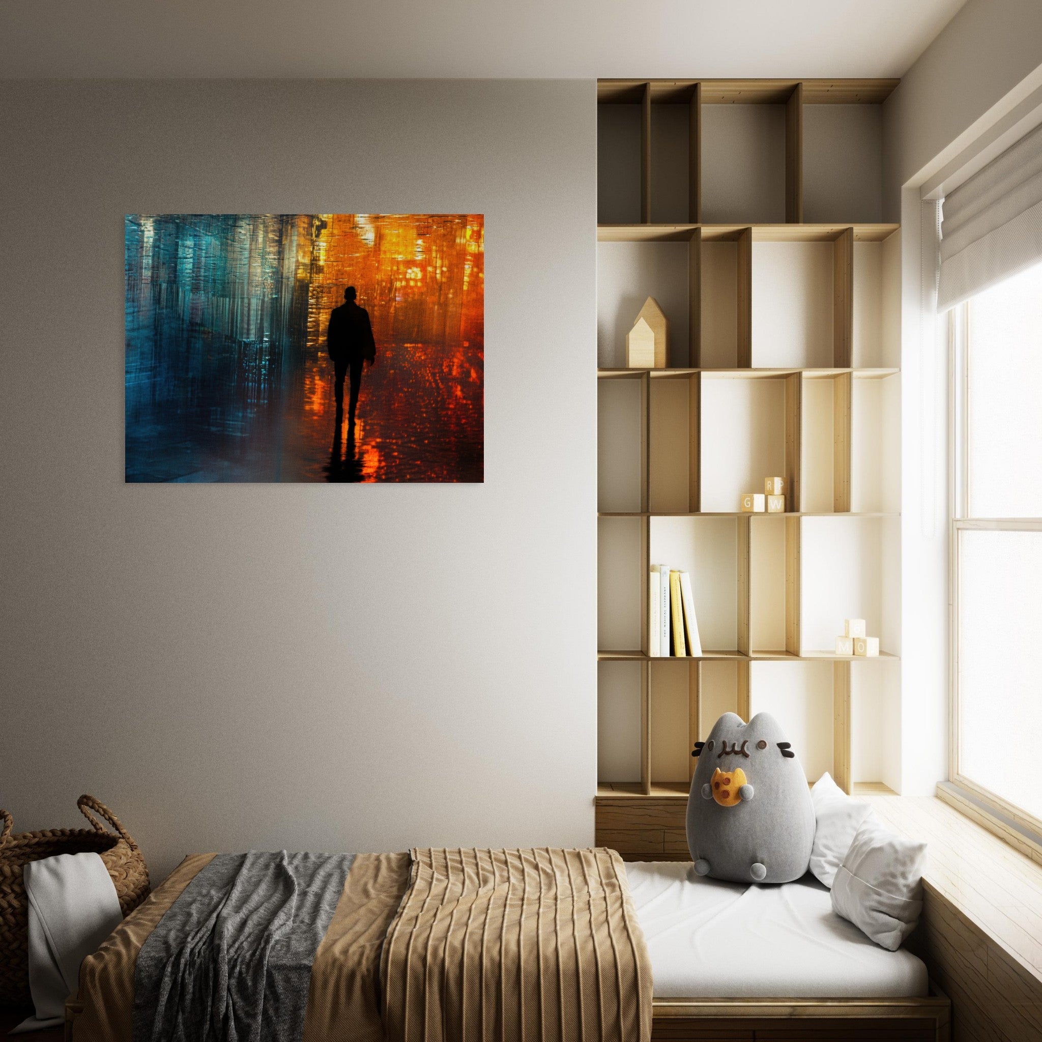 Fine Art Poster Landscape - A lonely figure walks the rain - drenched streets - Shop Ai Art WebShop - Digital Art online Store