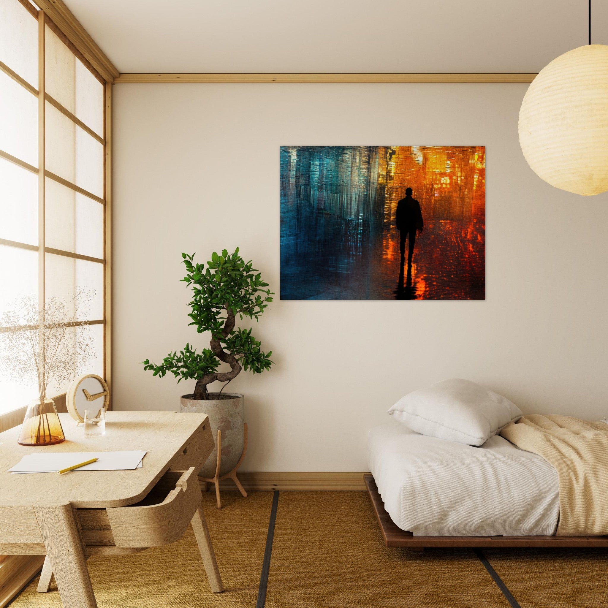 Fine Art Poster Landscape - A lonely figure walks the rain - drenched streets - Shop Ai Art WebShop - Digital Art online Store