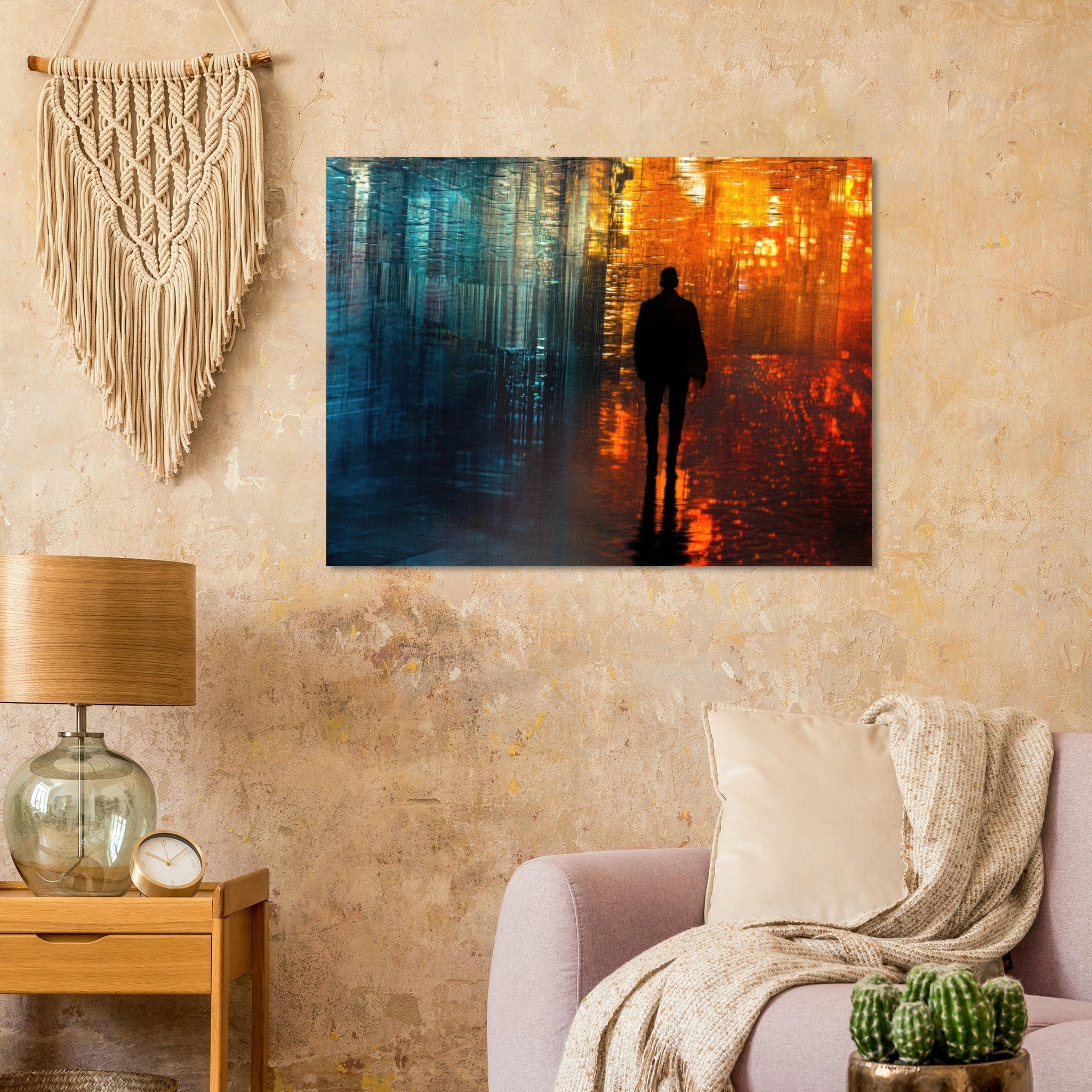 Fine Art Poster Landscape - A lonely figure walks the rain - drenched streets - Shop Ai Art WebShop - Digital Art online Store