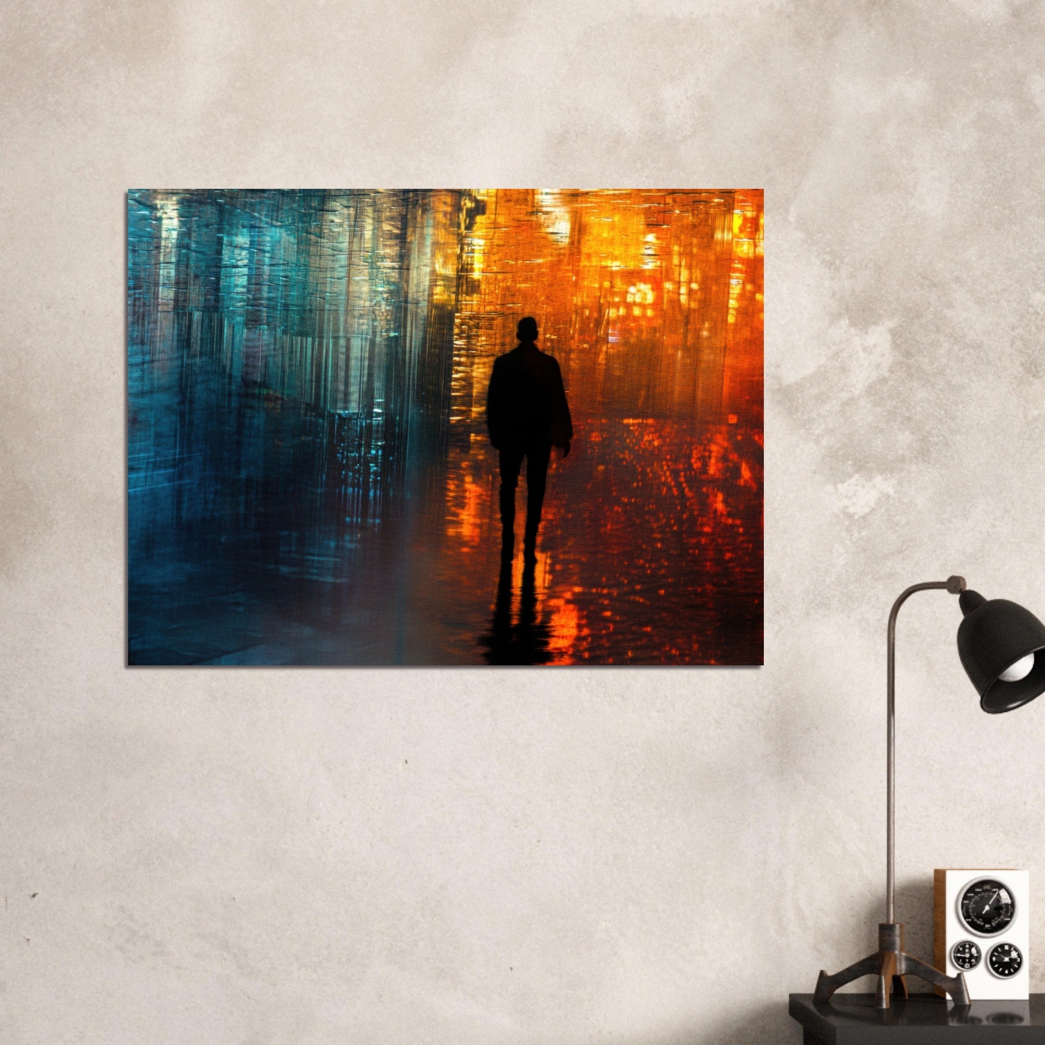 Fine Art Poster Landscape - A lonely figure walks the rain - drenched streets - Shop Ai Art WebShop - Digital Art online Store