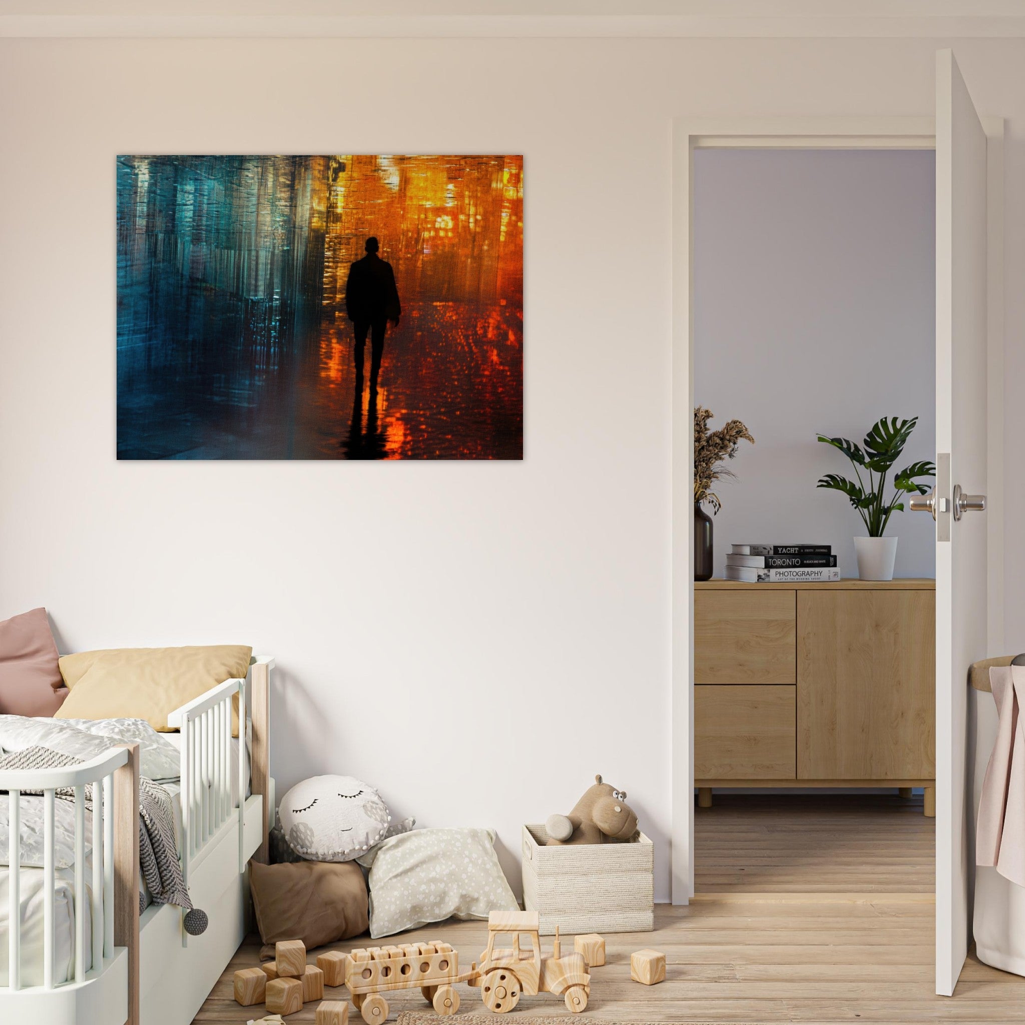 Fine Art Poster Landscape - A lonely figure walks the rain - drenched streets - Shop Ai Art WebShop - Digital Art online Store