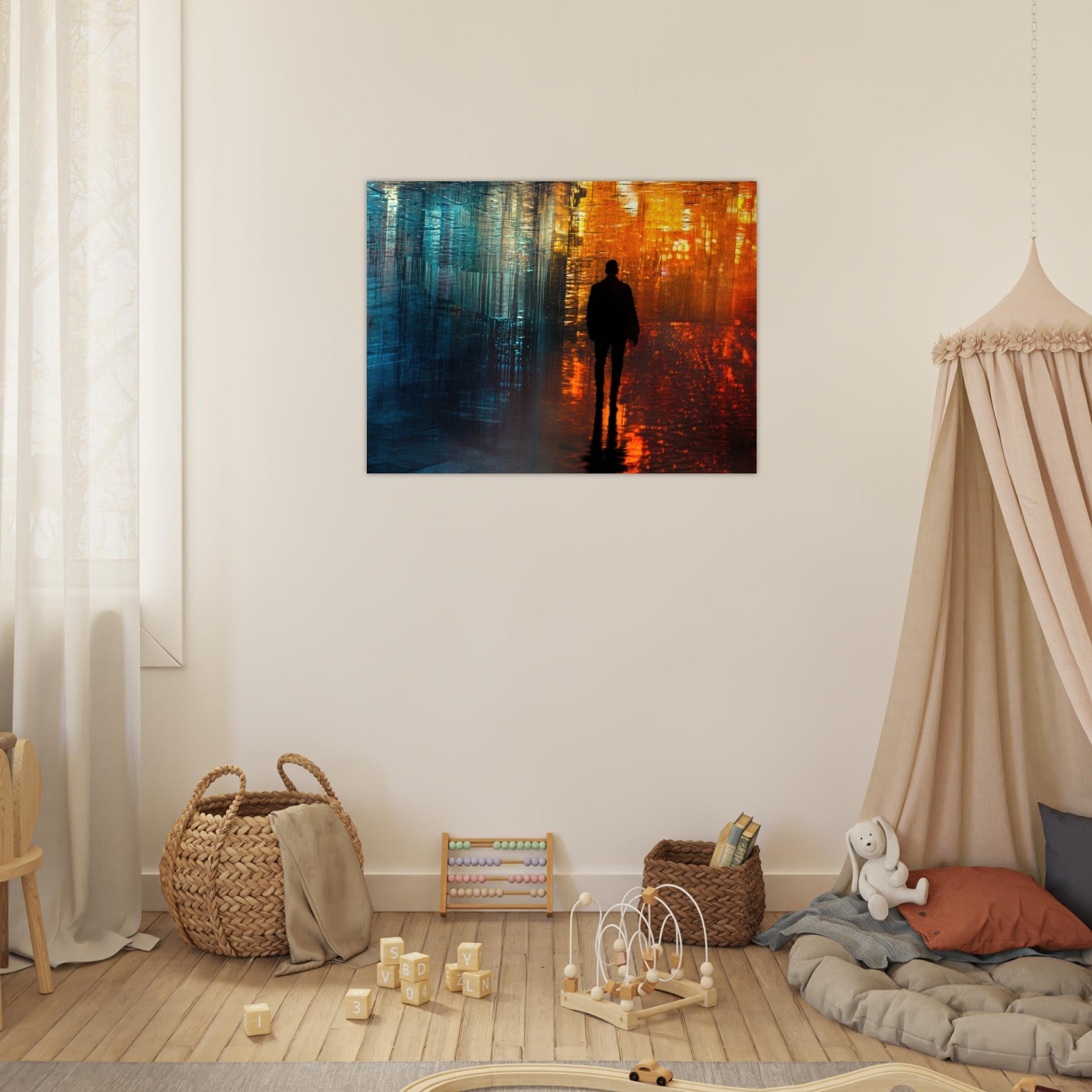 Fine Art Poster Landscape - A lonely figure walks the rain - drenched streets - Shop Ai Art WebShop - Digital Art online Store