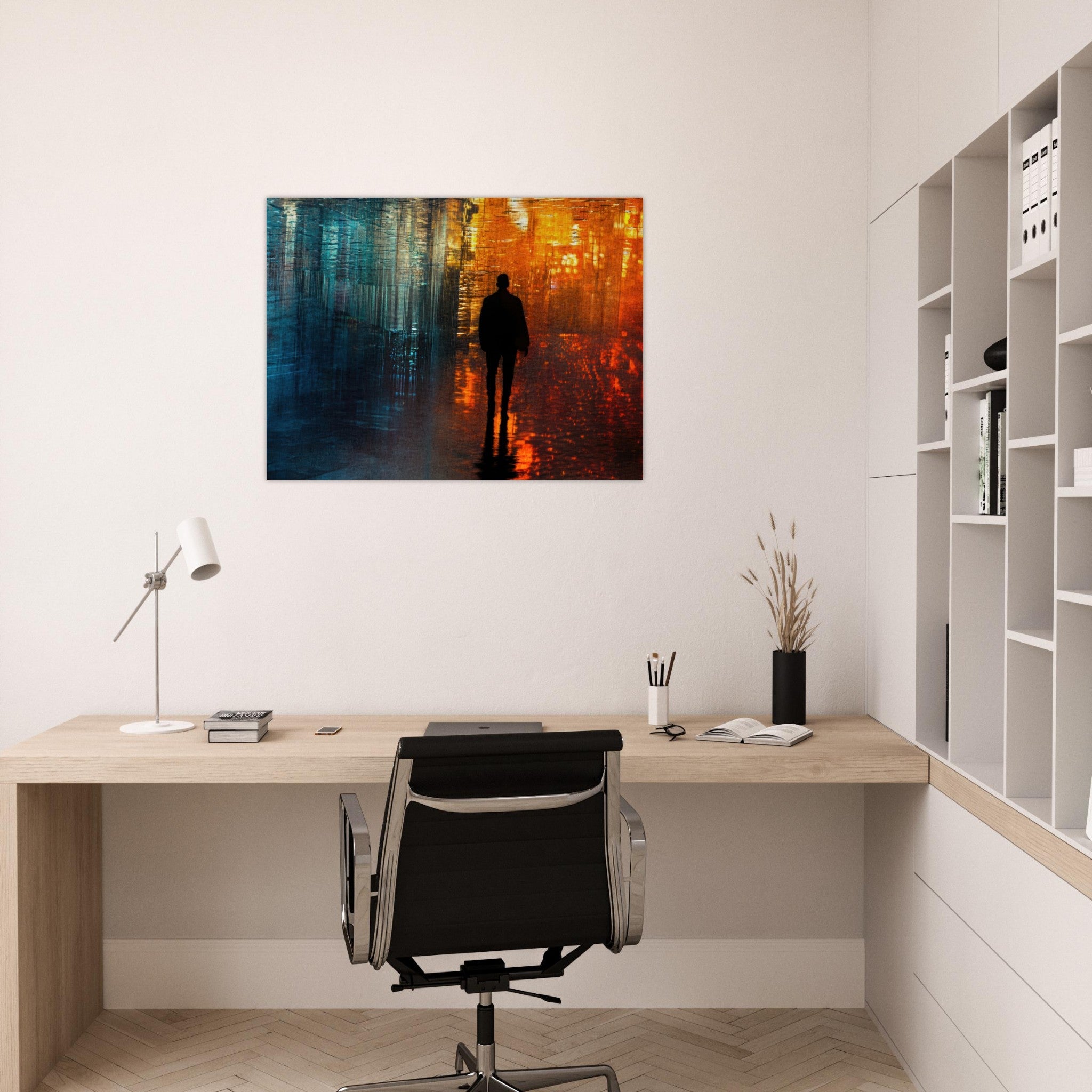 Fine Art Poster Landscape - A lonely figure walks the rain - drenched streets - Shop Ai Art WebShop - Digital Art online Store