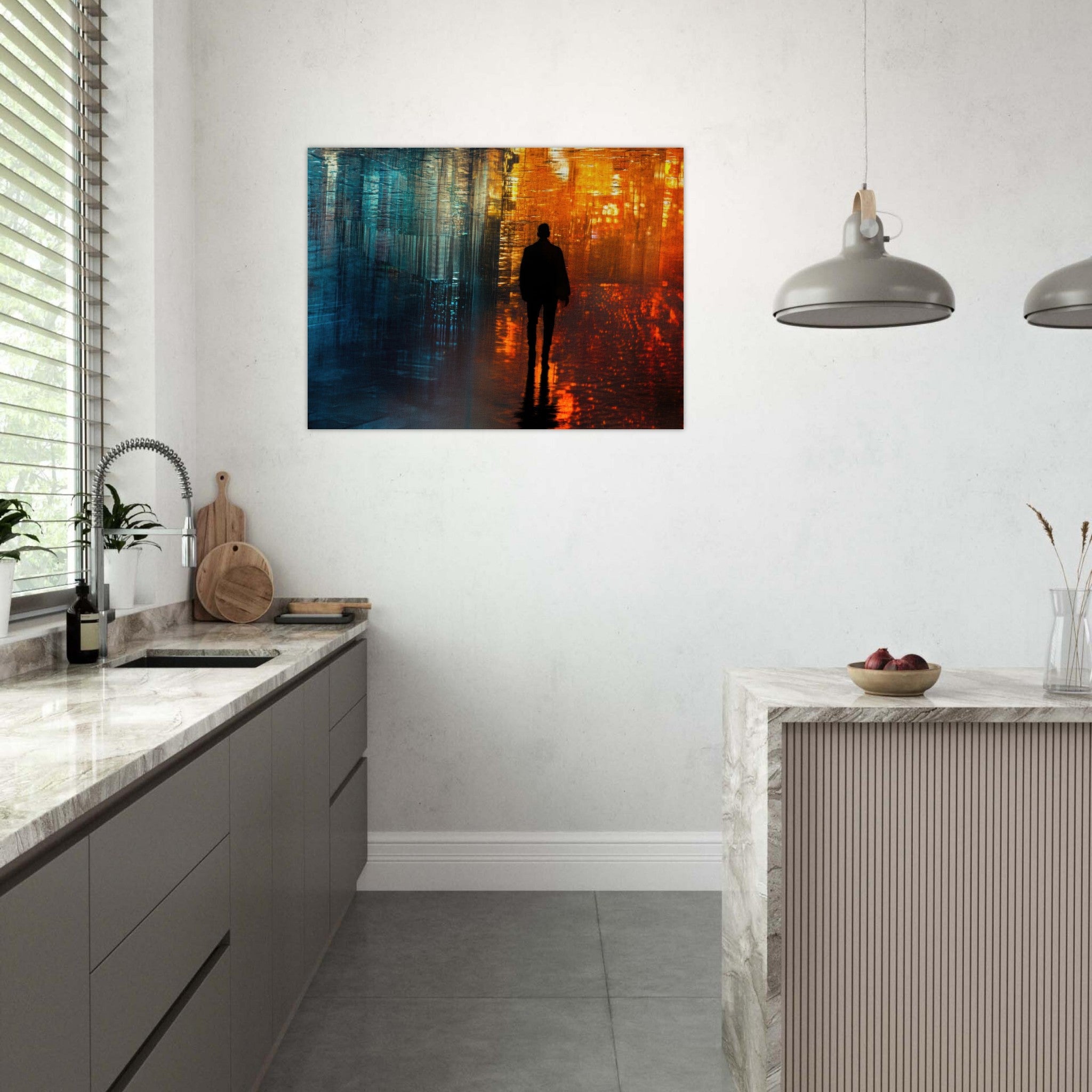 Fine Art Poster Landscape - A lonely figure walks the rain - drenched streets - Shop Ai Art WebShop - Digital Art online Store