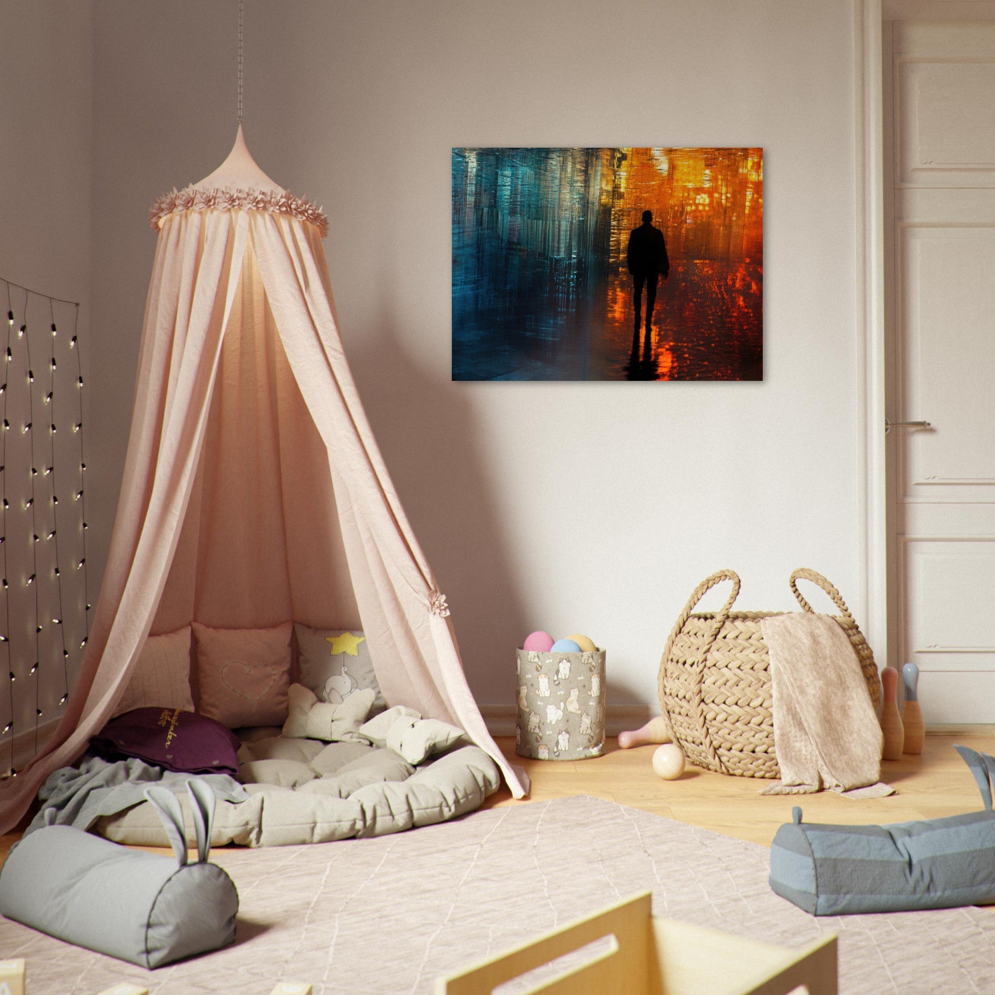 Fine Art Poster Landscape - A lonely figure walks the rain - drenched streets - Shop Ai Art WebShop - Digital Art online Store