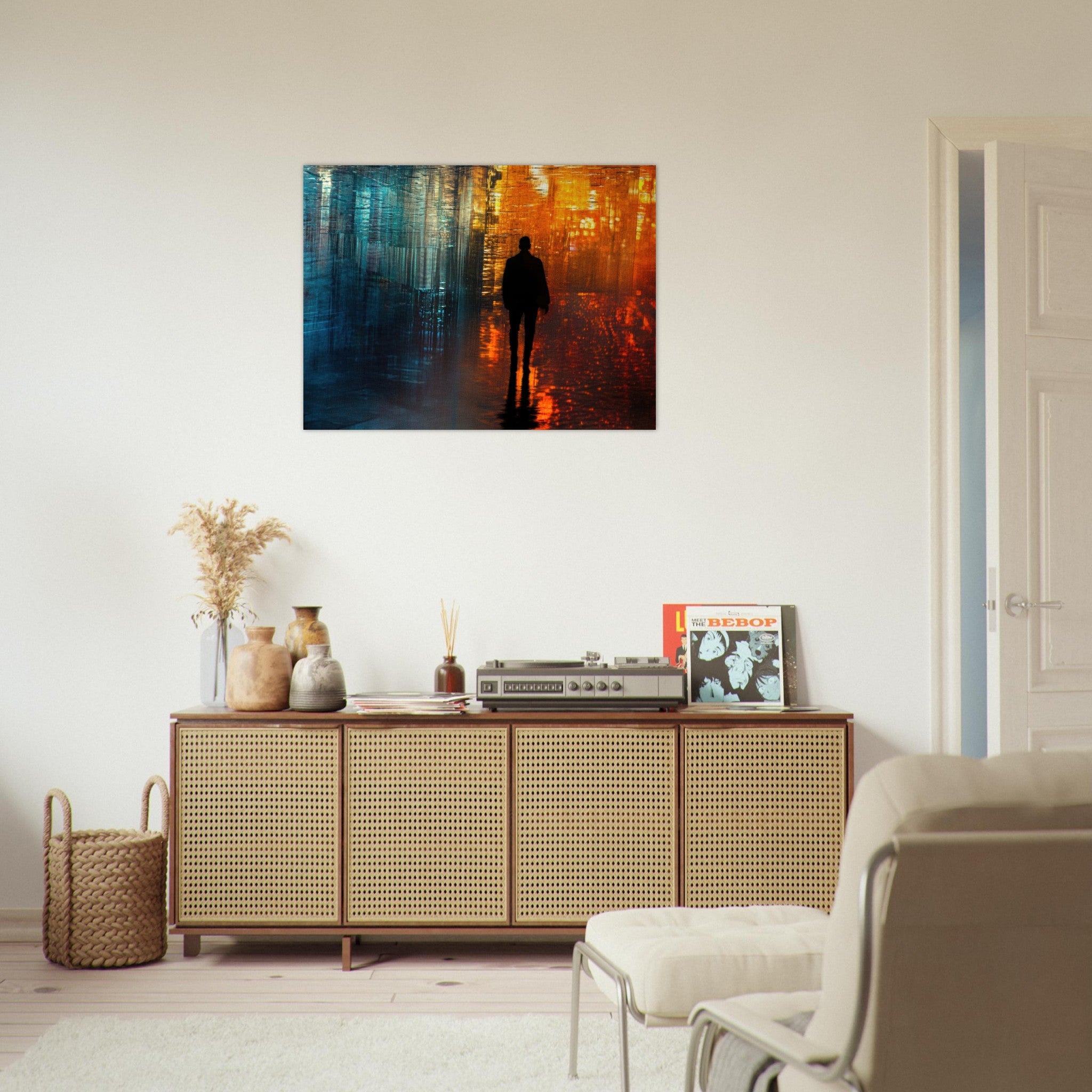 Fine Art Poster Landscape - A lonely figure walks the rain - drenched streets - Shop Ai Art WebShop - Digital Art online Store