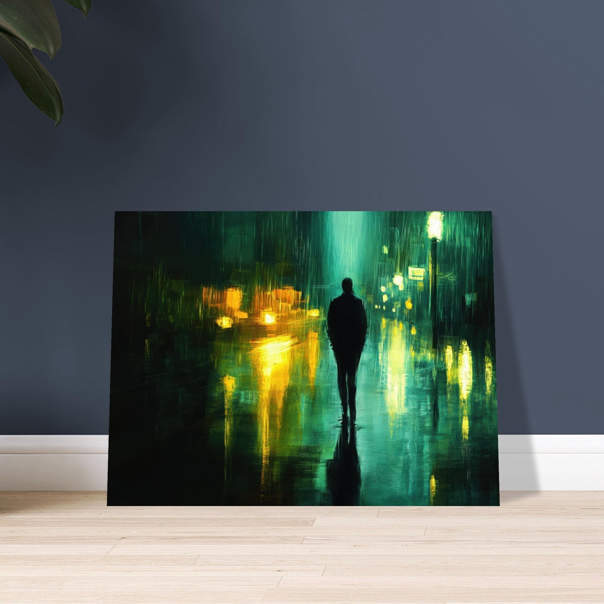 Fine Art Poster Landscape - A man walks alone in the pouring rain his figure - Shop Ai Art WebShop - Digital Art online Store