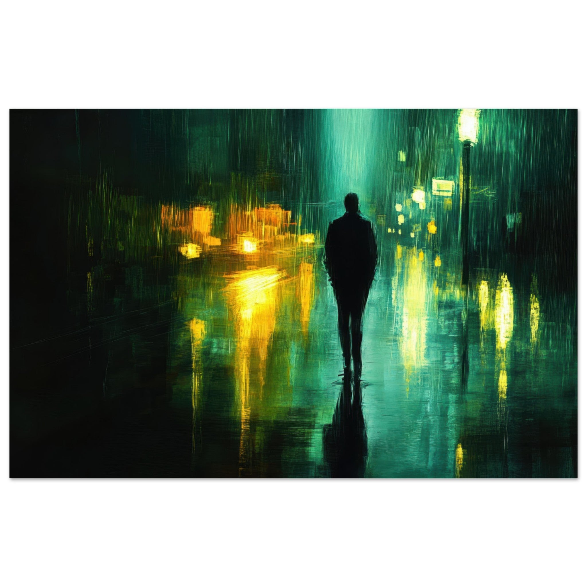 Fine Art Poster Landscape - A man walks alone in the pouring rain his figure - Shop Ai Art WebShop - Digital Art online Store