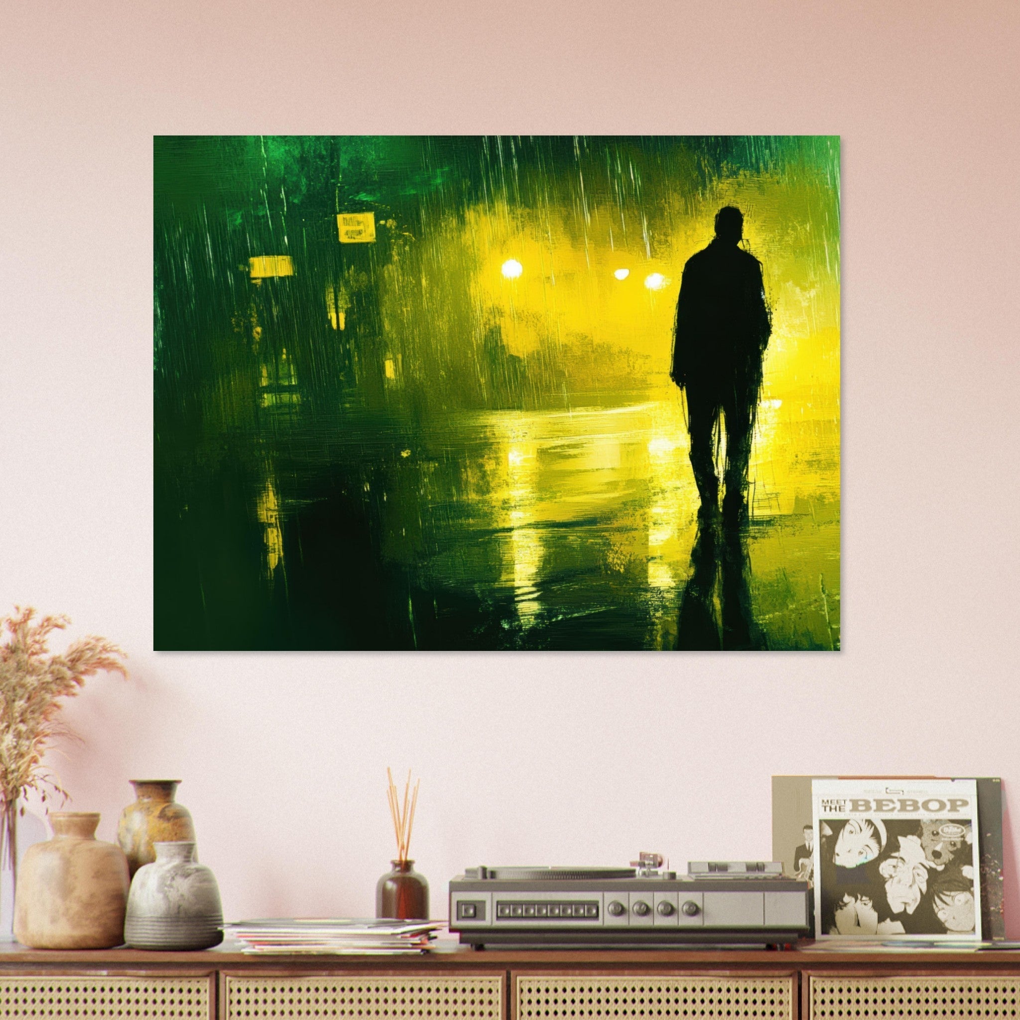 Fine Art Poster Landscape - A man walks alone in the pouring rain his figure 3 - Shop Ai Art WebShop - Digital Art online Store