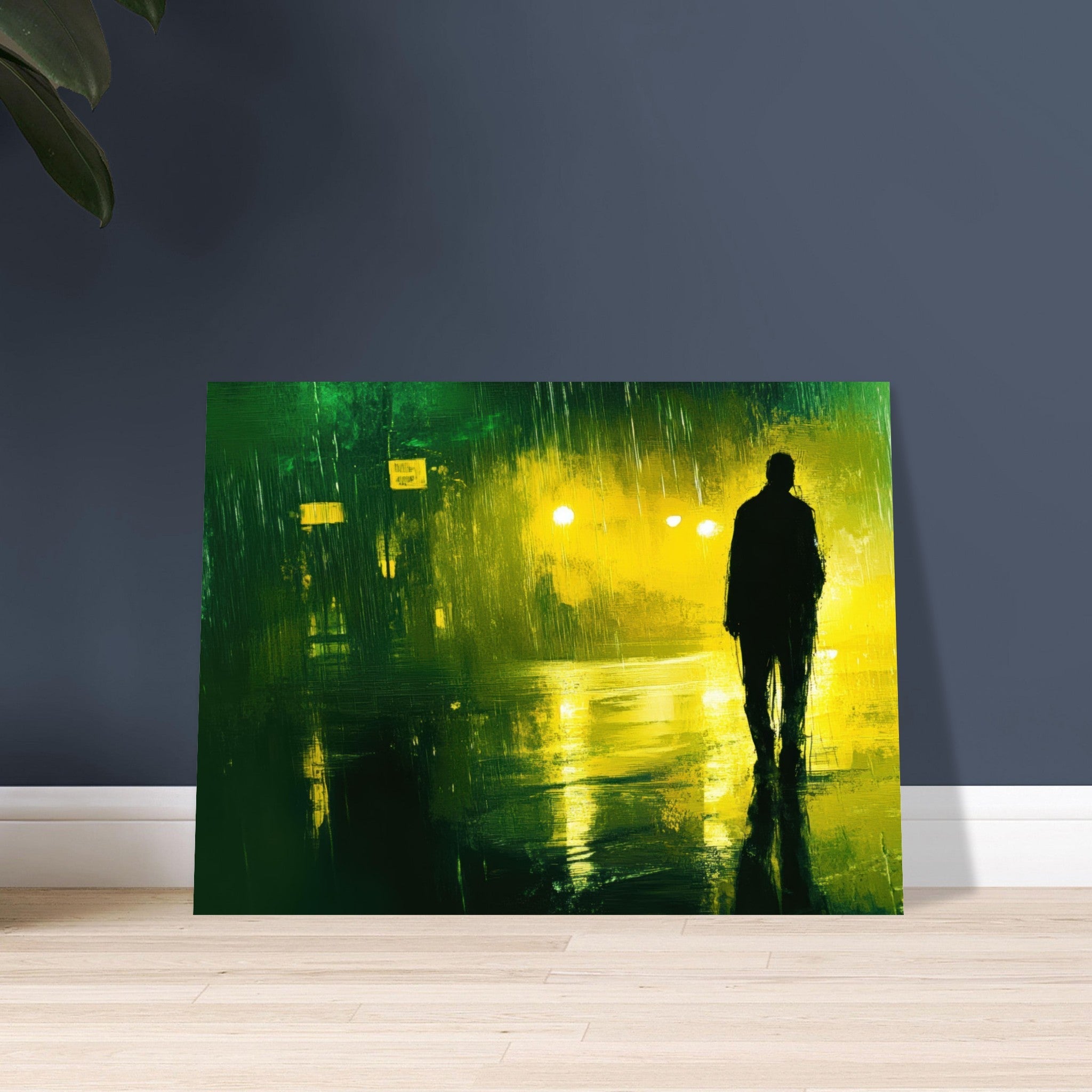 Fine Art Poster Landscape - A man walks alone in the pouring rain his figure 3 - Shop Ai Art WebShop - Digital Art online Store