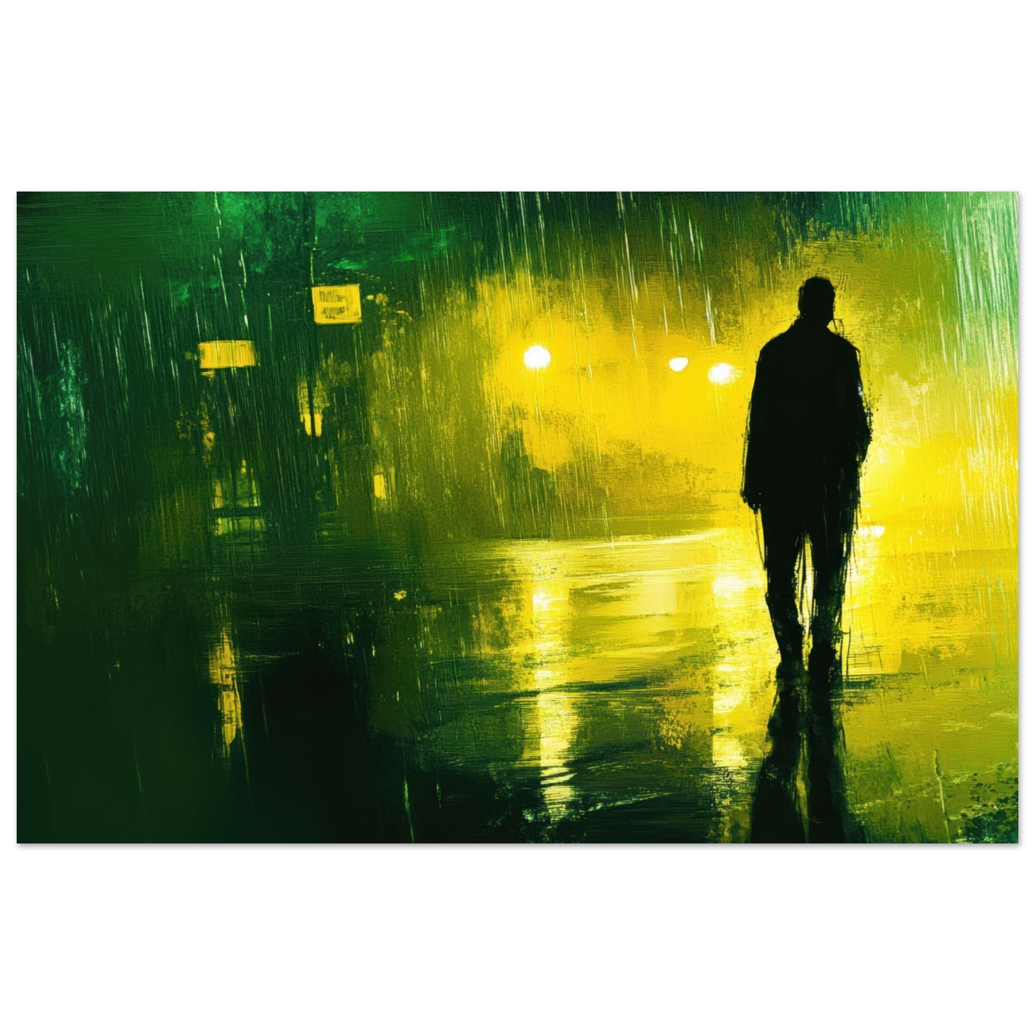 Fine Art Poster Landscape - A man walks alone in the pouring rain his figure 3 - Shop Ai Art WebShop - Digital Art online Store