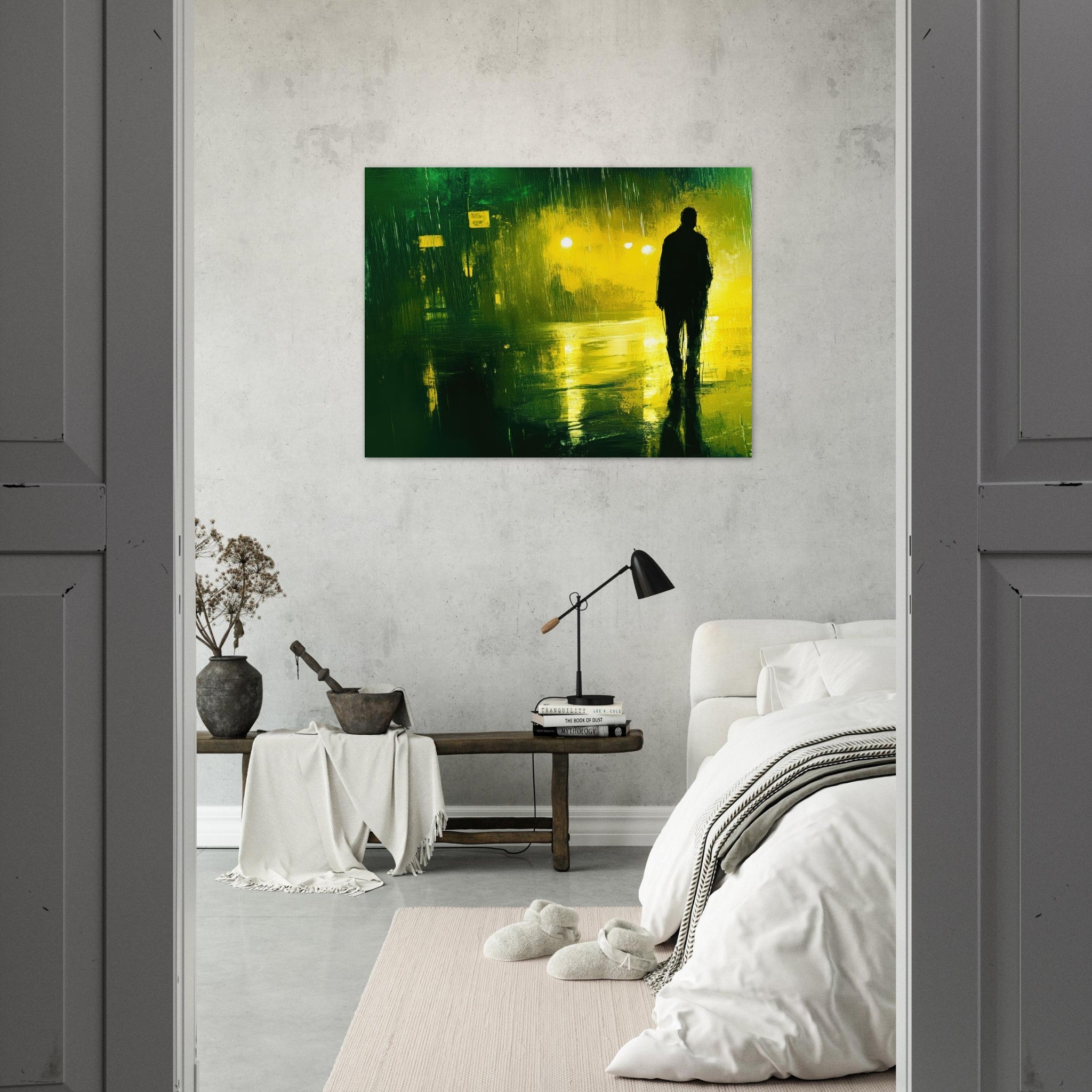 Fine Art Poster Landscape - A man walks alone in the pouring rain his figure 3 - Shop Ai Art WebShop - Digital Art online Store