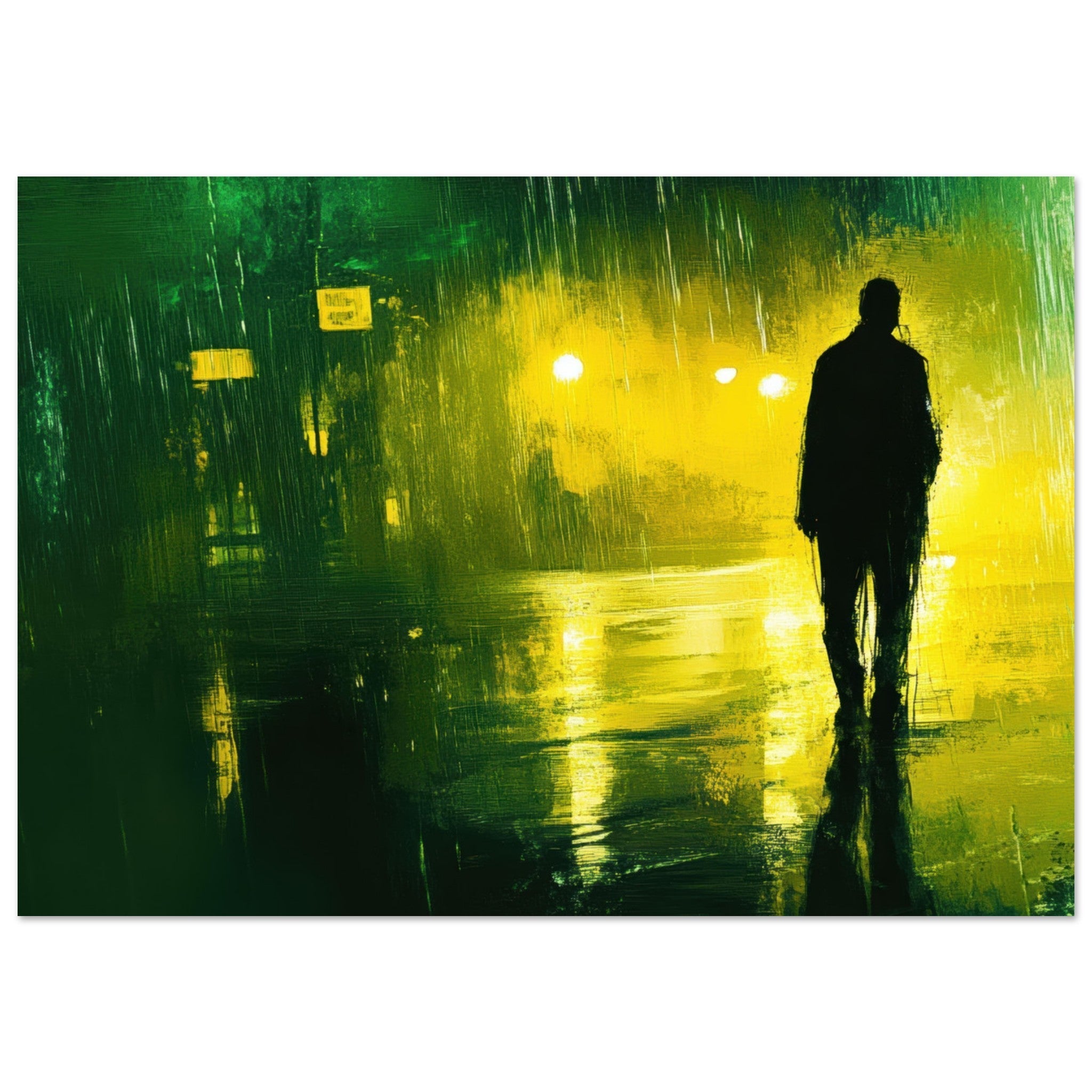 Fine Art Poster Landscape - A man walks alone in the pouring rain his figure 3 - Shop Ai Art WebShop - Digital Art online Store