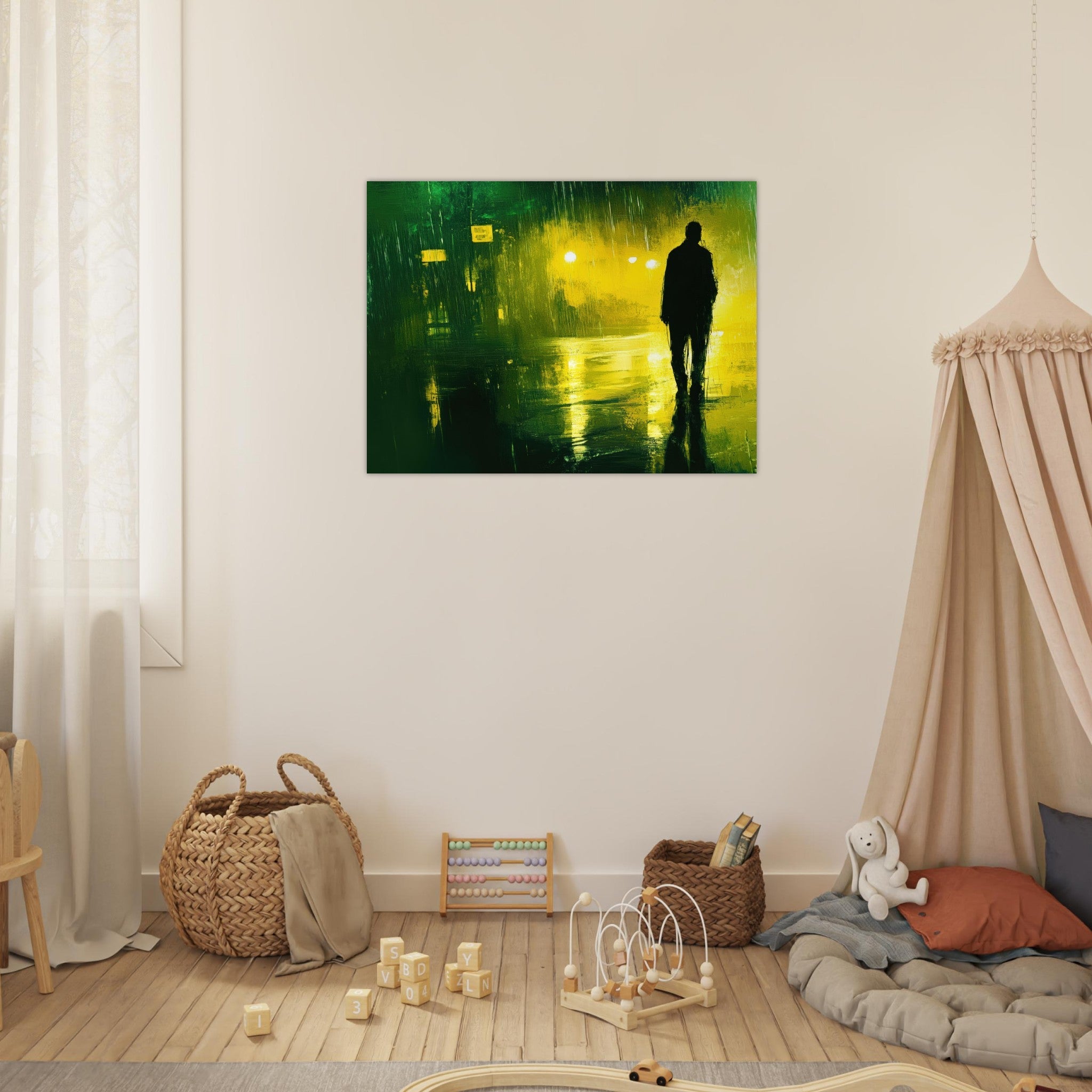 Fine Art Poster Landscape - A man walks alone in the pouring rain his figure 3 - Shop Ai Art WebShop - Digital Art online Store