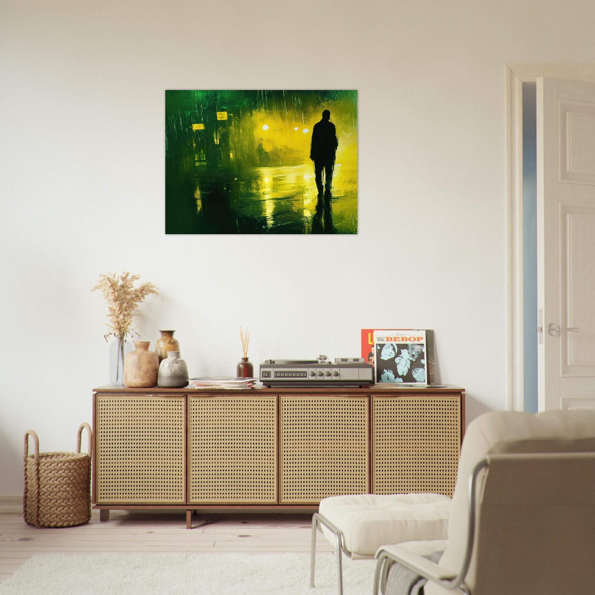 Fine Art Poster Landscape - A man walks alone in the pouring rain his figure 3 - Shop Ai Art WebShop - Digital Art online Store