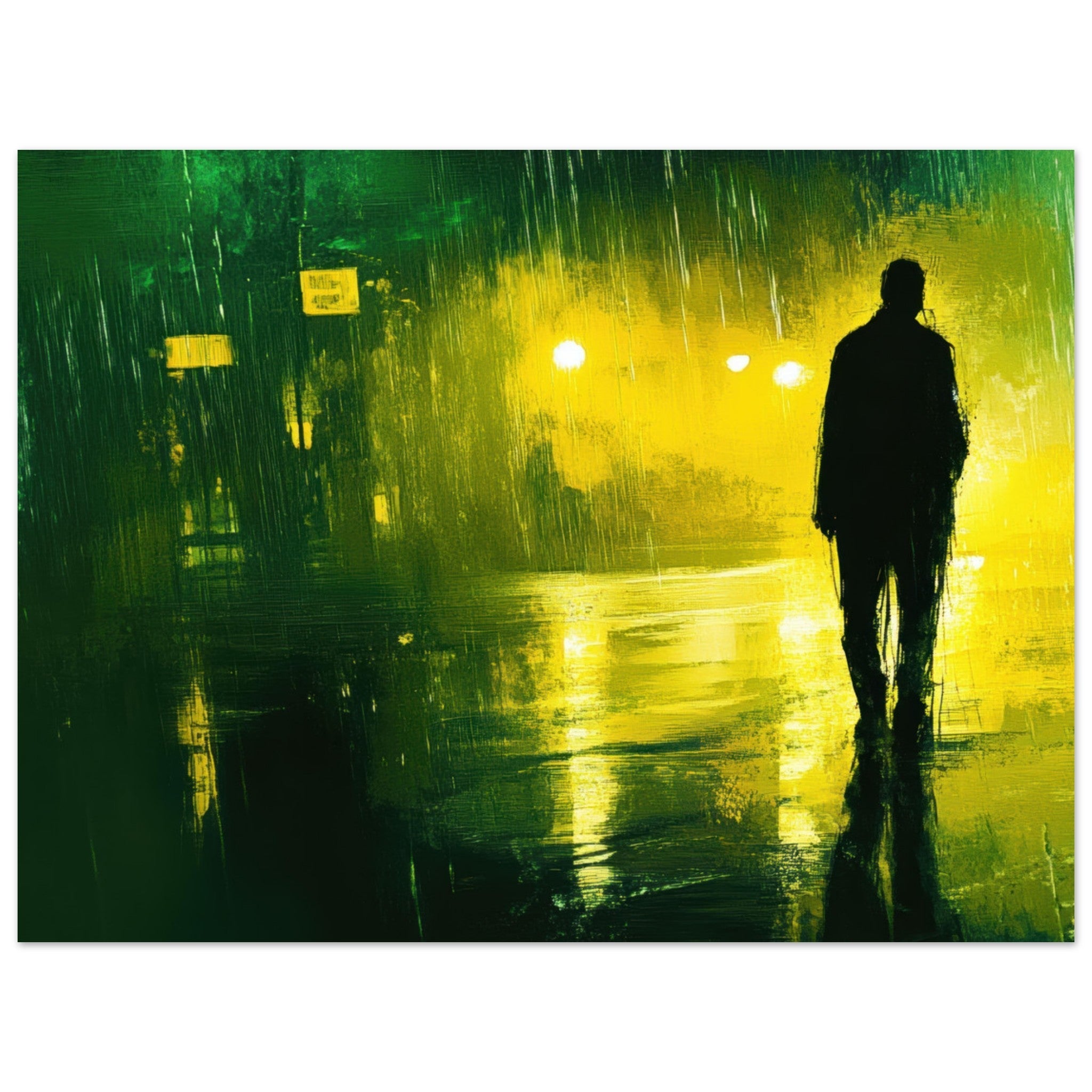 Fine Art Poster Landscape - A man walks alone in the pouring rain his figure 3 - Shop Ai Art WebShop - Digital Art online Store
