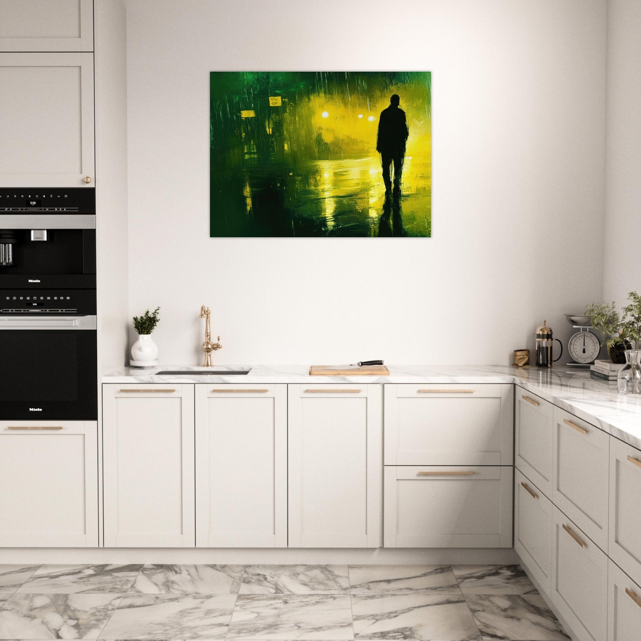 Fine Art Poster Landscape - A man walks alone in the pouring rain his figure 3 - Shop Ai Art WebShop - Digital Art online Store