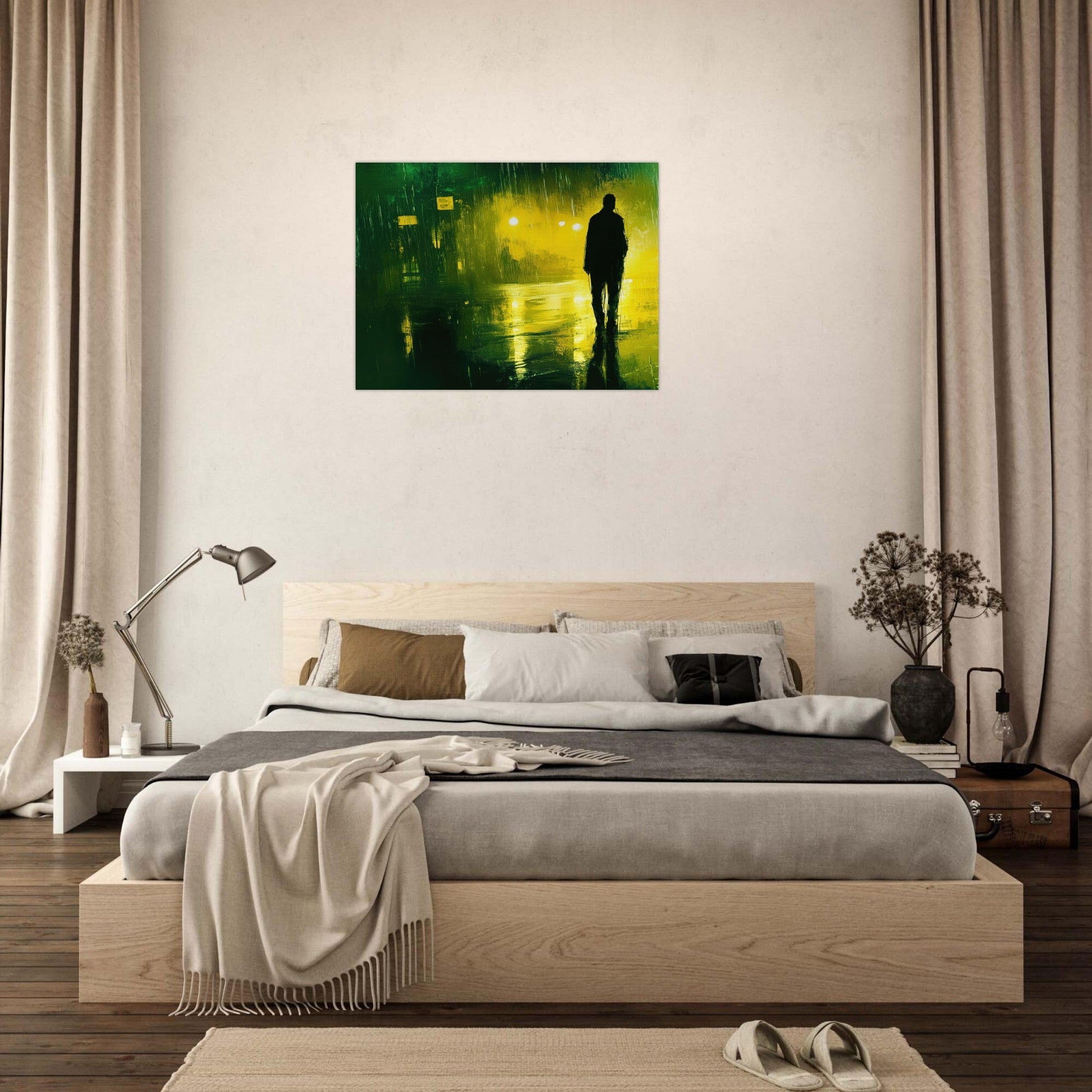 Fine Art Poster Landscape - A man walks alone in the pouring rain his figure 3 - Shop Ai Art WebShop - Digital Art online Store