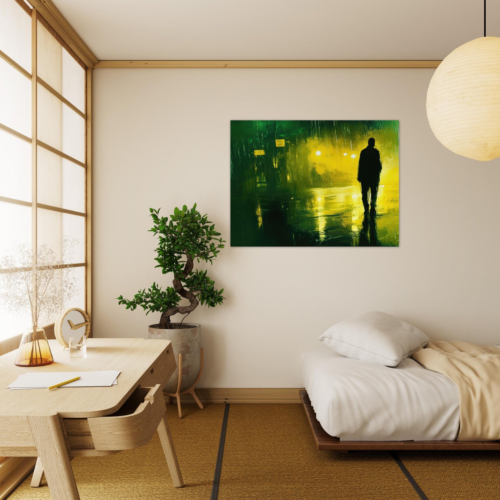 Fine Art Poster Landscape - A man walks alone in the pouring rain his figure 3 - Shop Ai Art WebShop - Digital Art online Store