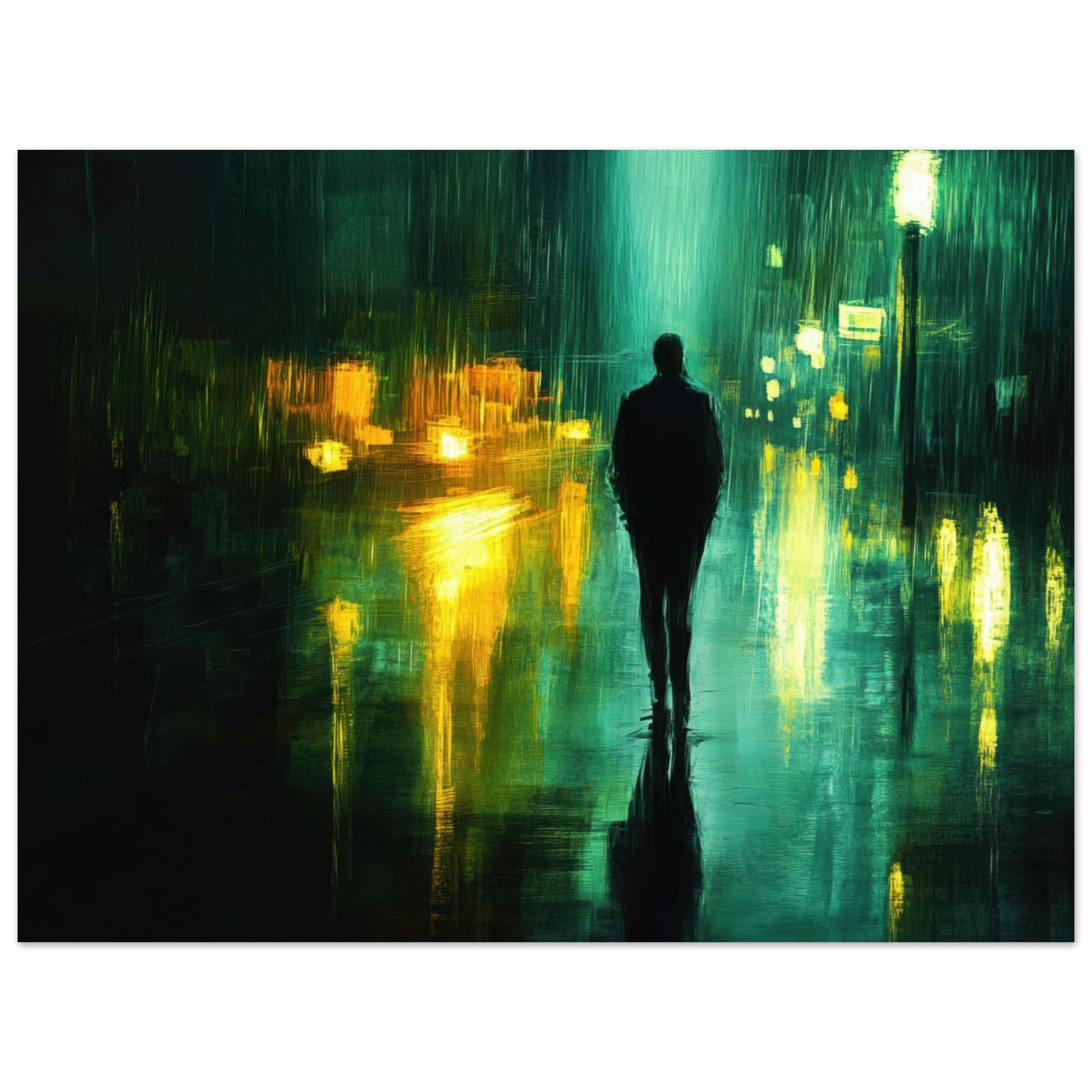 Fine Art Poster Landscape - A man walks alone in the pouring rain his figure - Shop Ai Art WebShop - Digital Art online Store