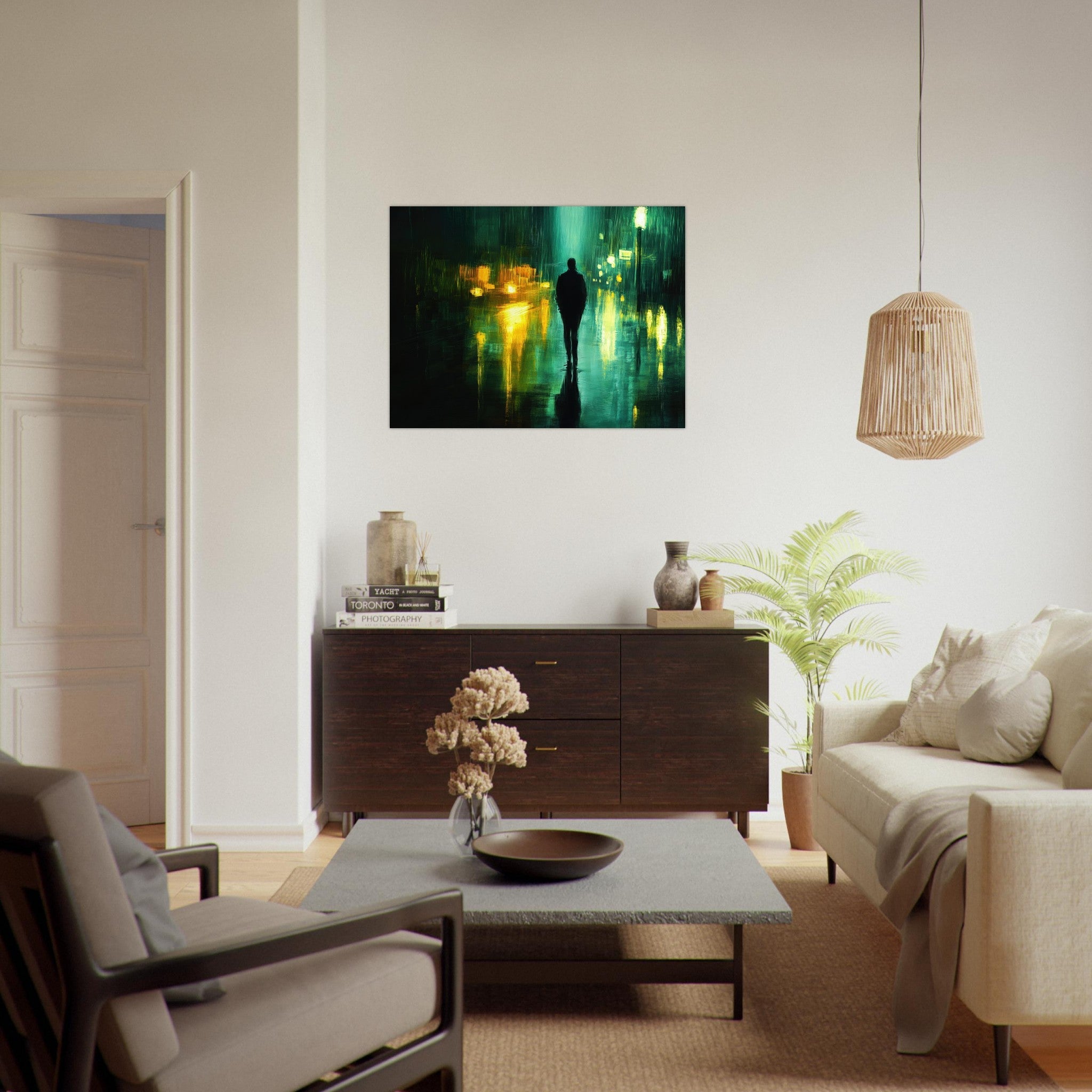 Fine Art Poster Landscape - A man walks alone in the pouring rain his figure - Shop Ai Art WebShop - Digital Art online Store