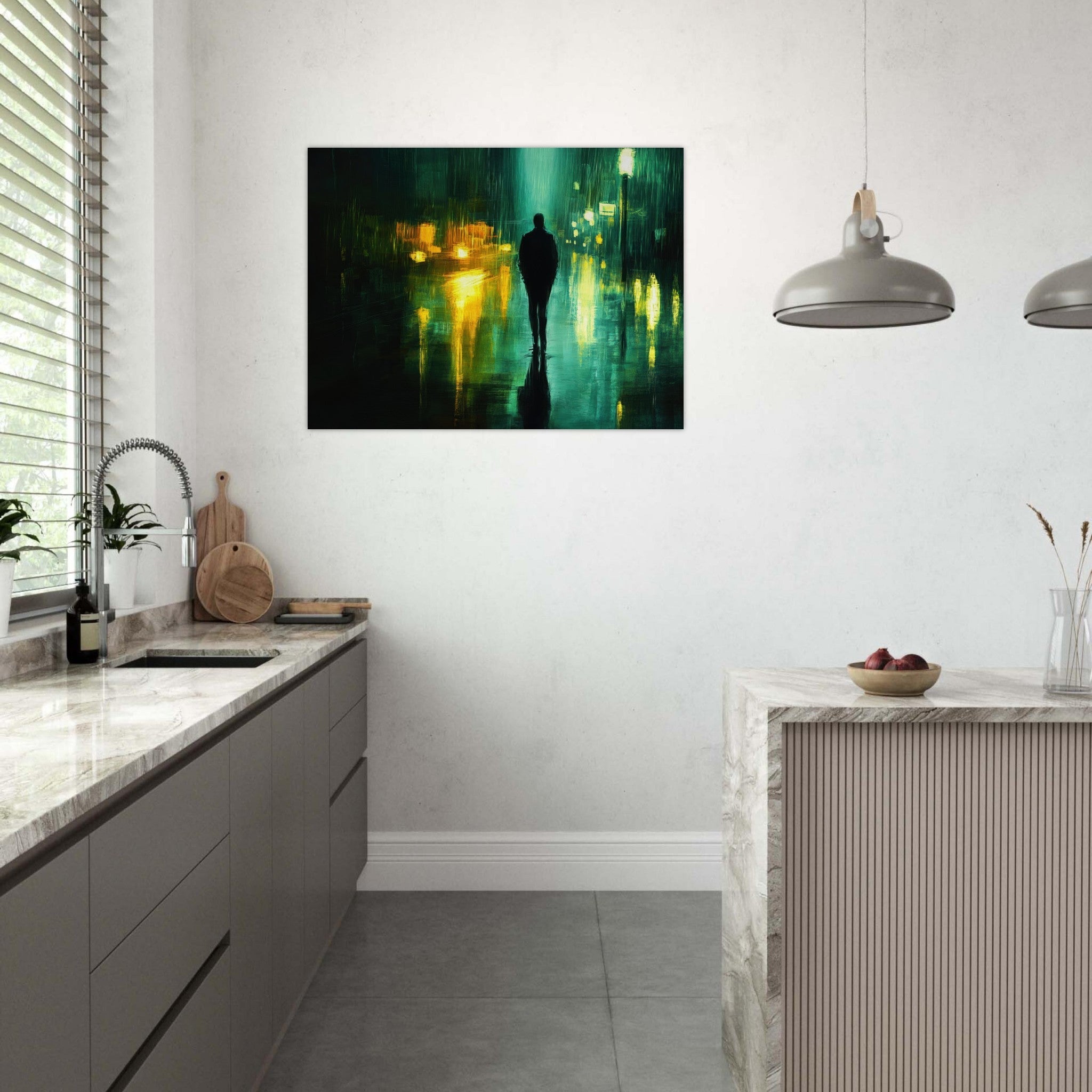 Fine Art Poster Landscape - A man walks alone in the pouring rain his figure - Shop Ai Art WebShop - Digital Art online Store