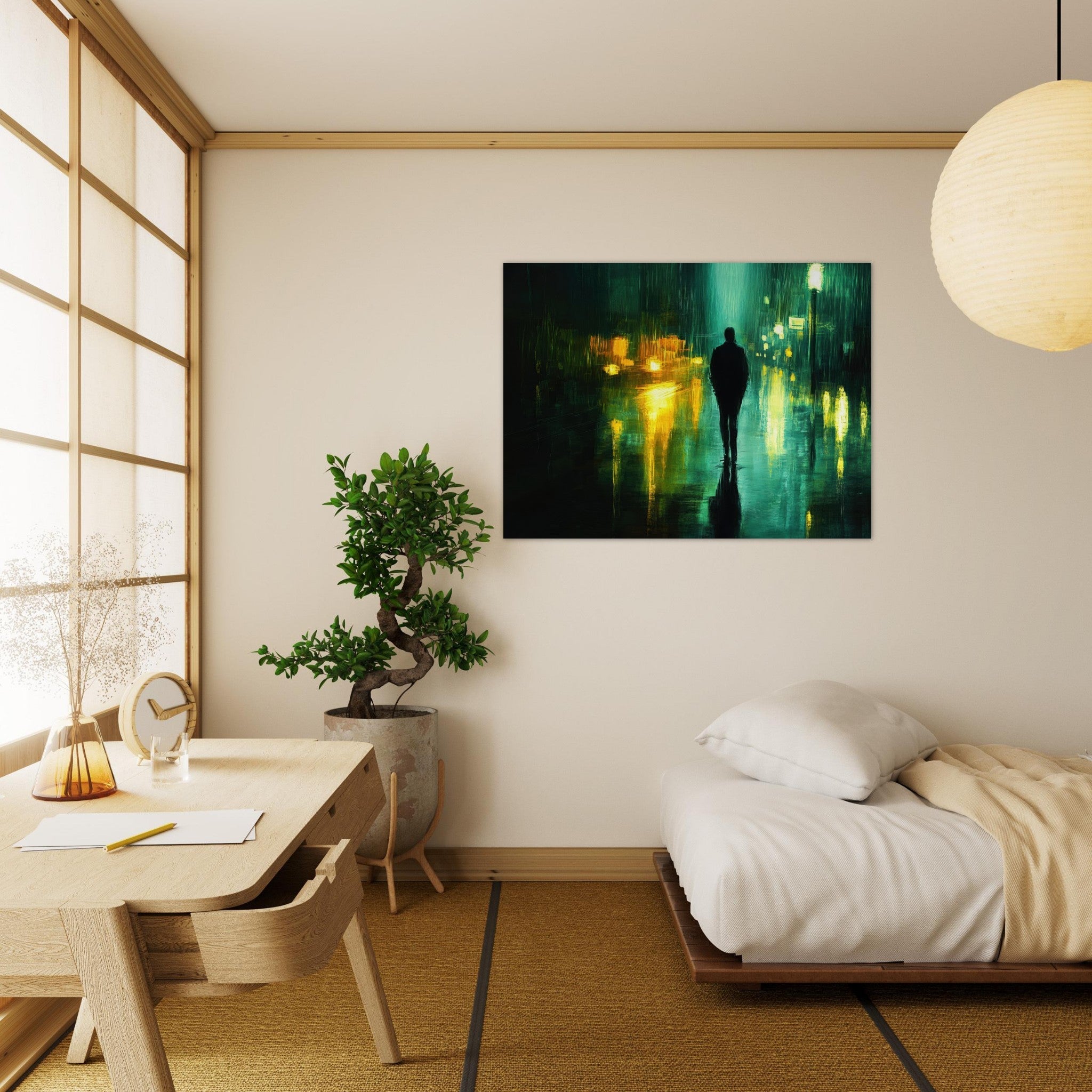 Fine Art Poster Landscape - A man walks alone in the pouring rain his figure - Shop Ai Art WebShop - Digital Art online Store