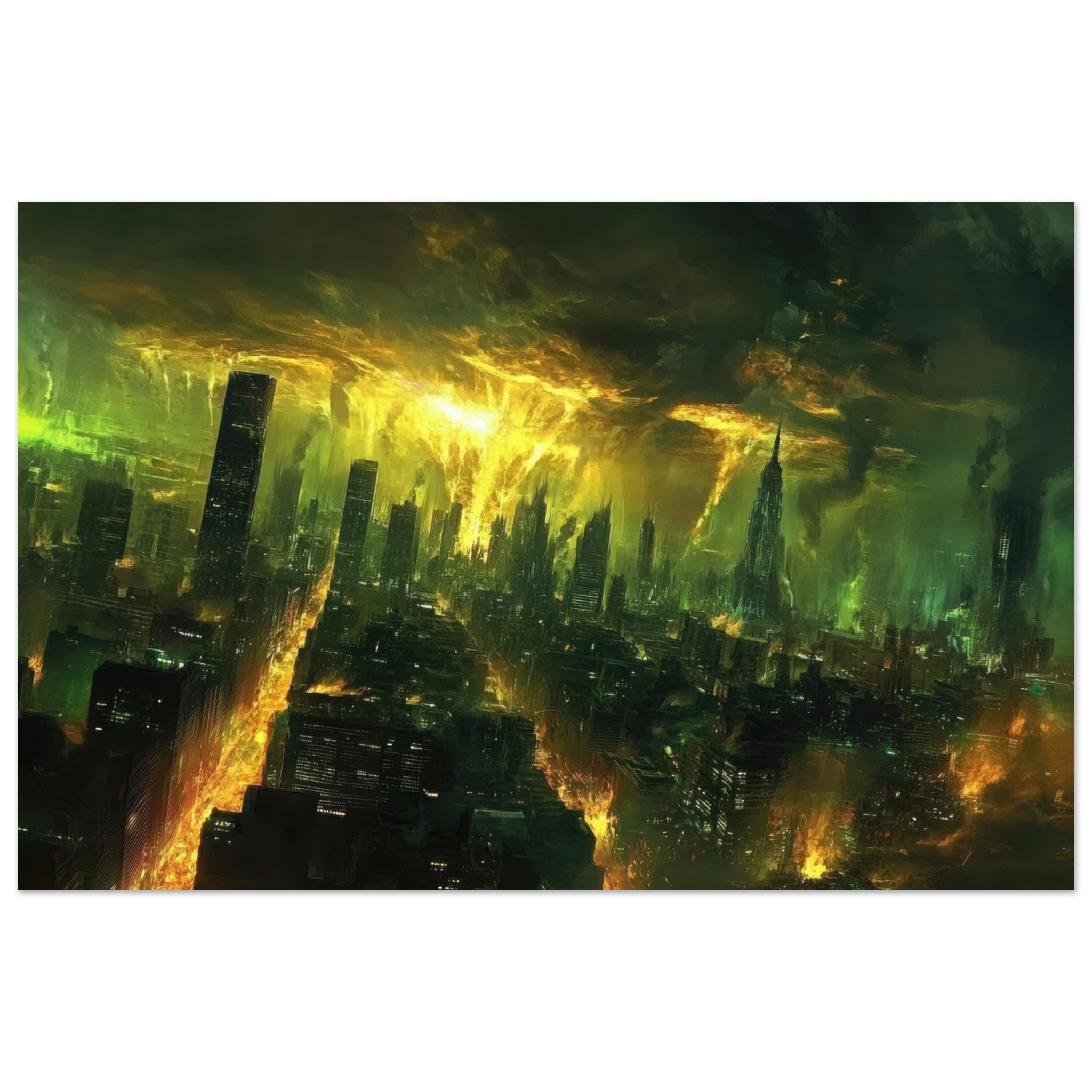 Fine Art Poster Landscape - A sprawling city skyline but every building bend - Shop Ai Art WebShop - Digital Art online Store