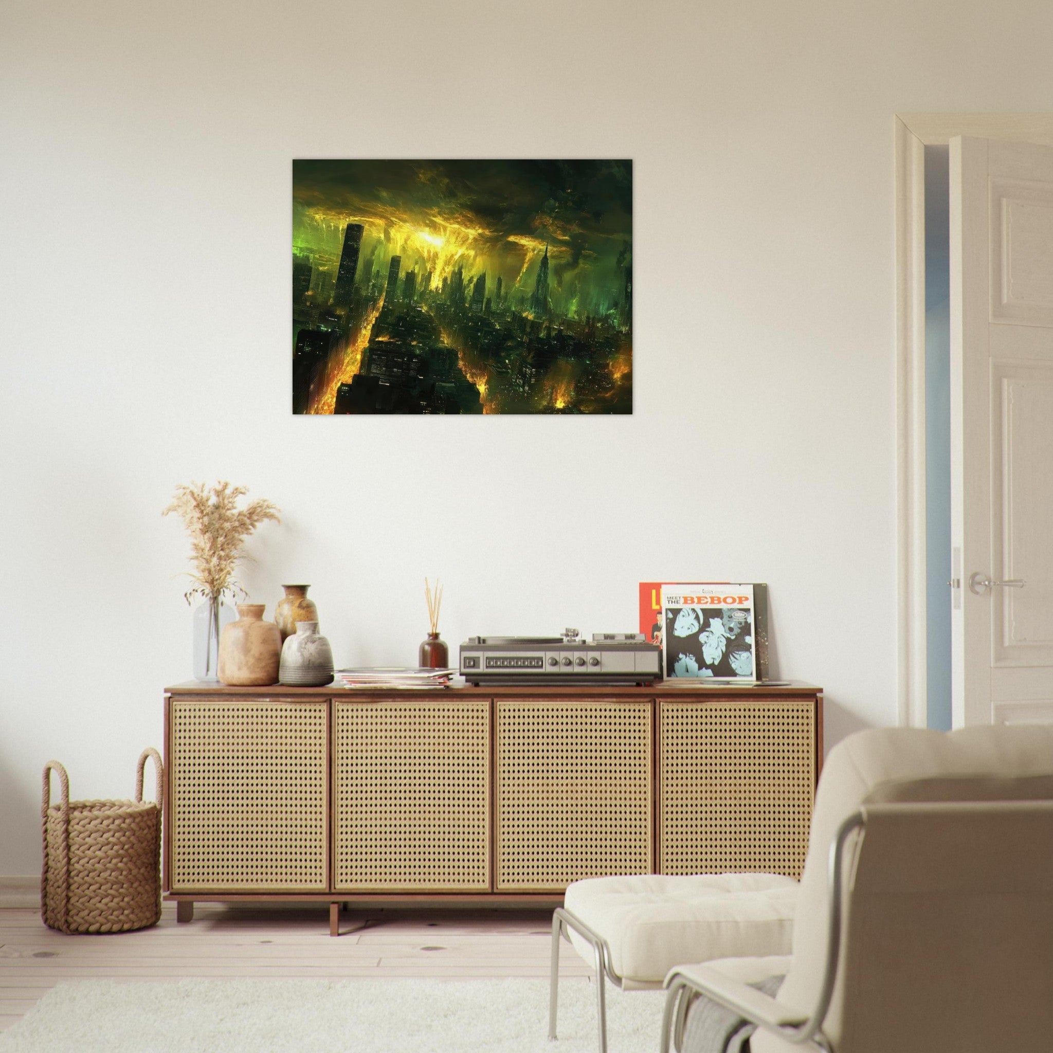 Fine Art Poster Landscape - A sprawling city skyline but every building bend - Shop Ai Art WebShop - Digital Art online Store