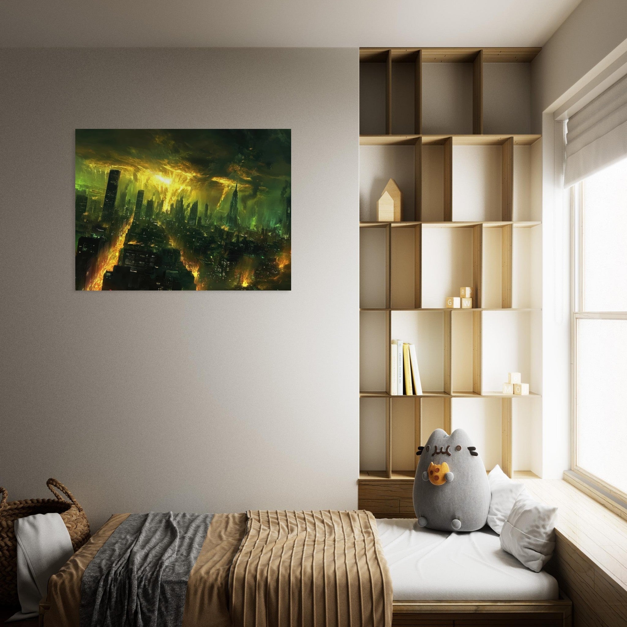 Fine Art Poster Landscape - A sprawling city skyline but every building bend - Shop Ai Art WebShop - Digital Art online Store