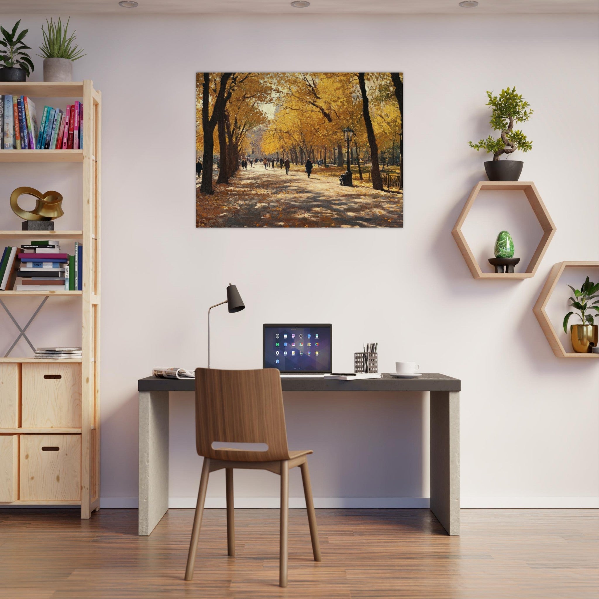 Fine Art Poster Landscape - Autumn Park with Strolling Figures A vast park - Shop Ai Art WebShop - Digital Art online Store