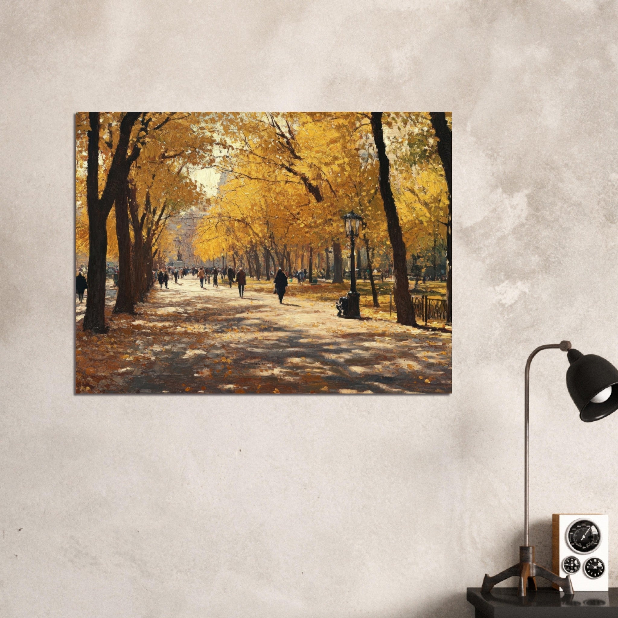 Fine Art Poster Landscape - Autumn Park with Strolling Figures A vast park - Shop Ai Art WebShop - Digital Art online Store