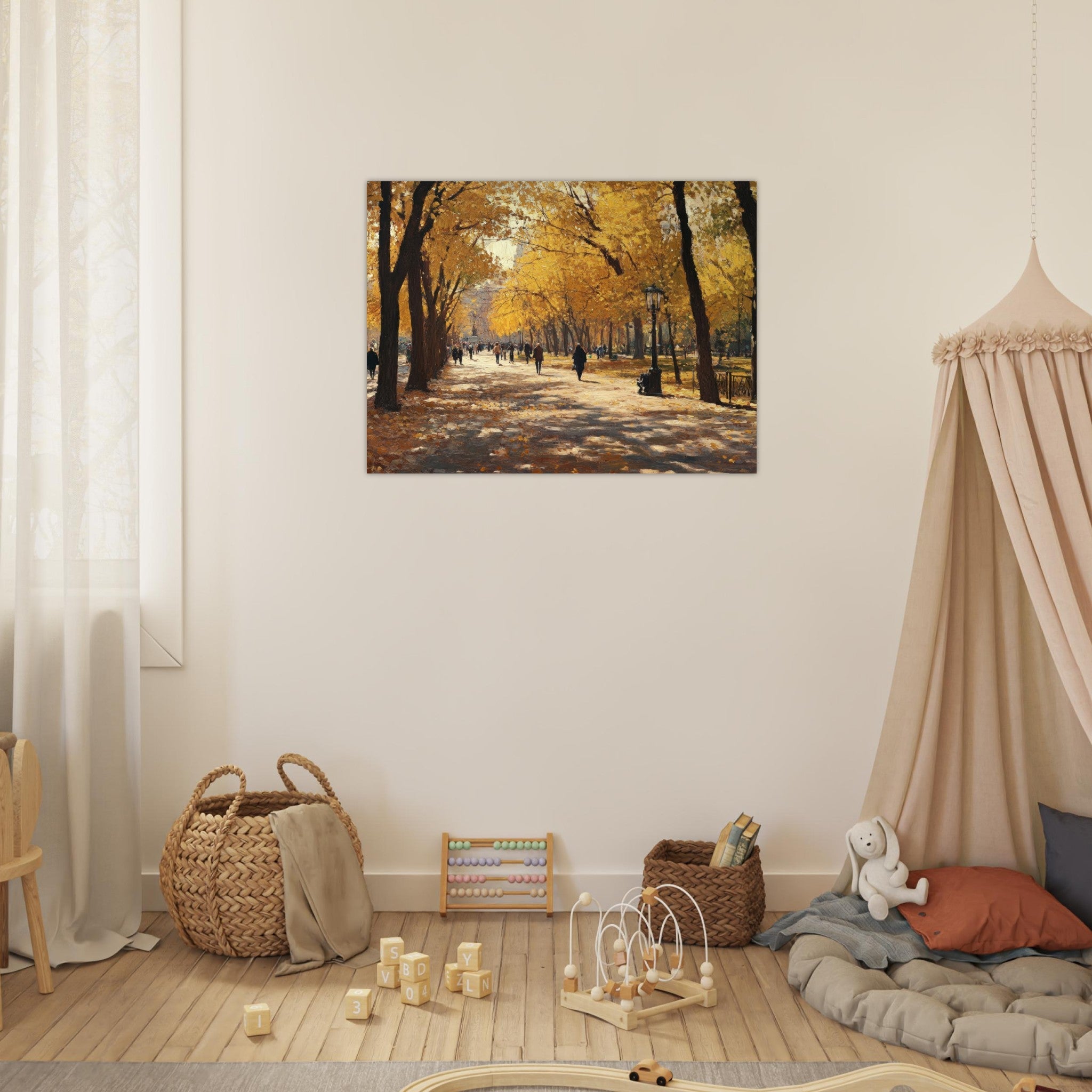 Fine Art Poster Landscape - Autumn Park with Strolling Figures A vast park - Shop Ai Art WebShop - Digital Art online Store