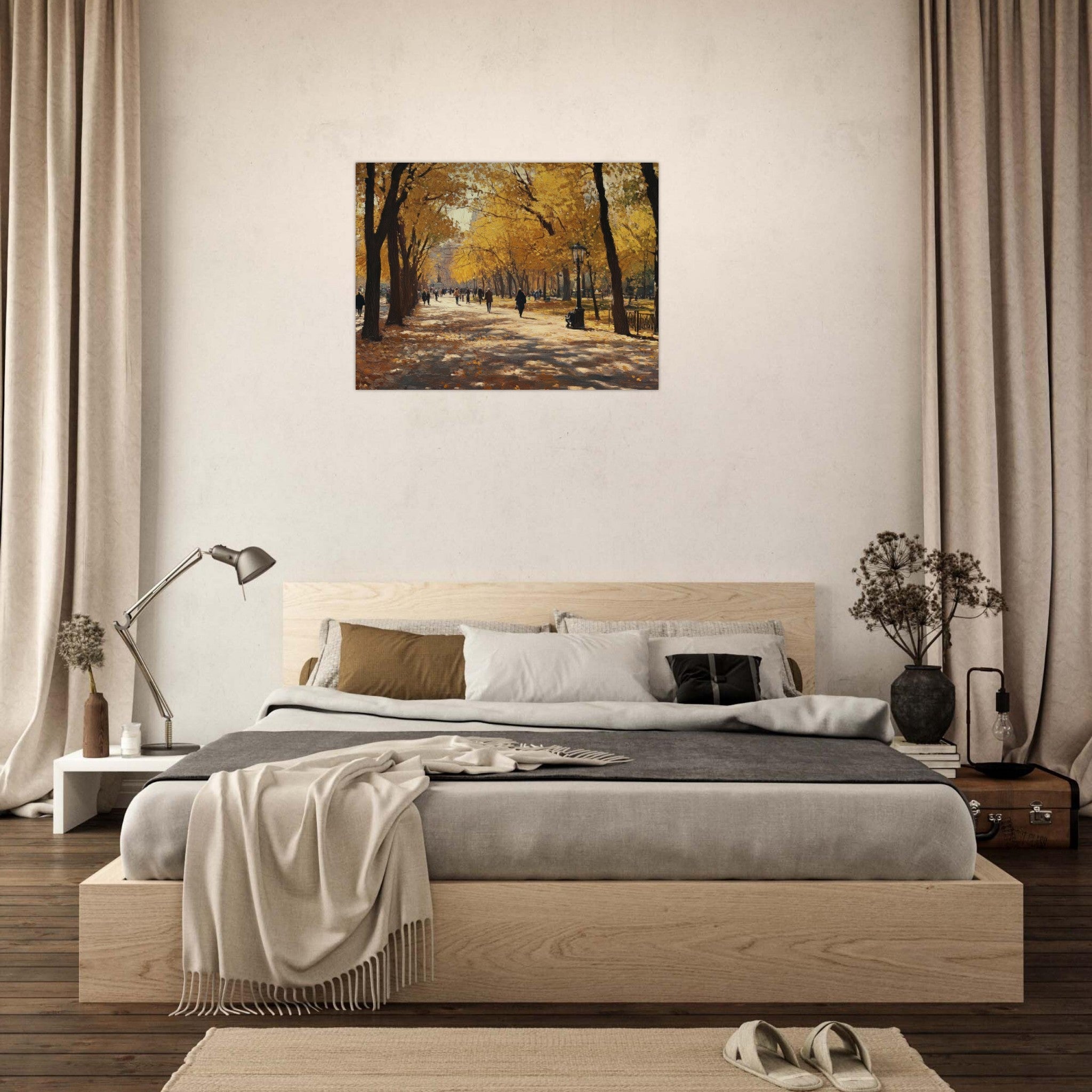 Fine Art Poster Landscape - Autumn Park with Strolling Figures A vast park - Shop Ai Art WebShop - Digital Art online Store