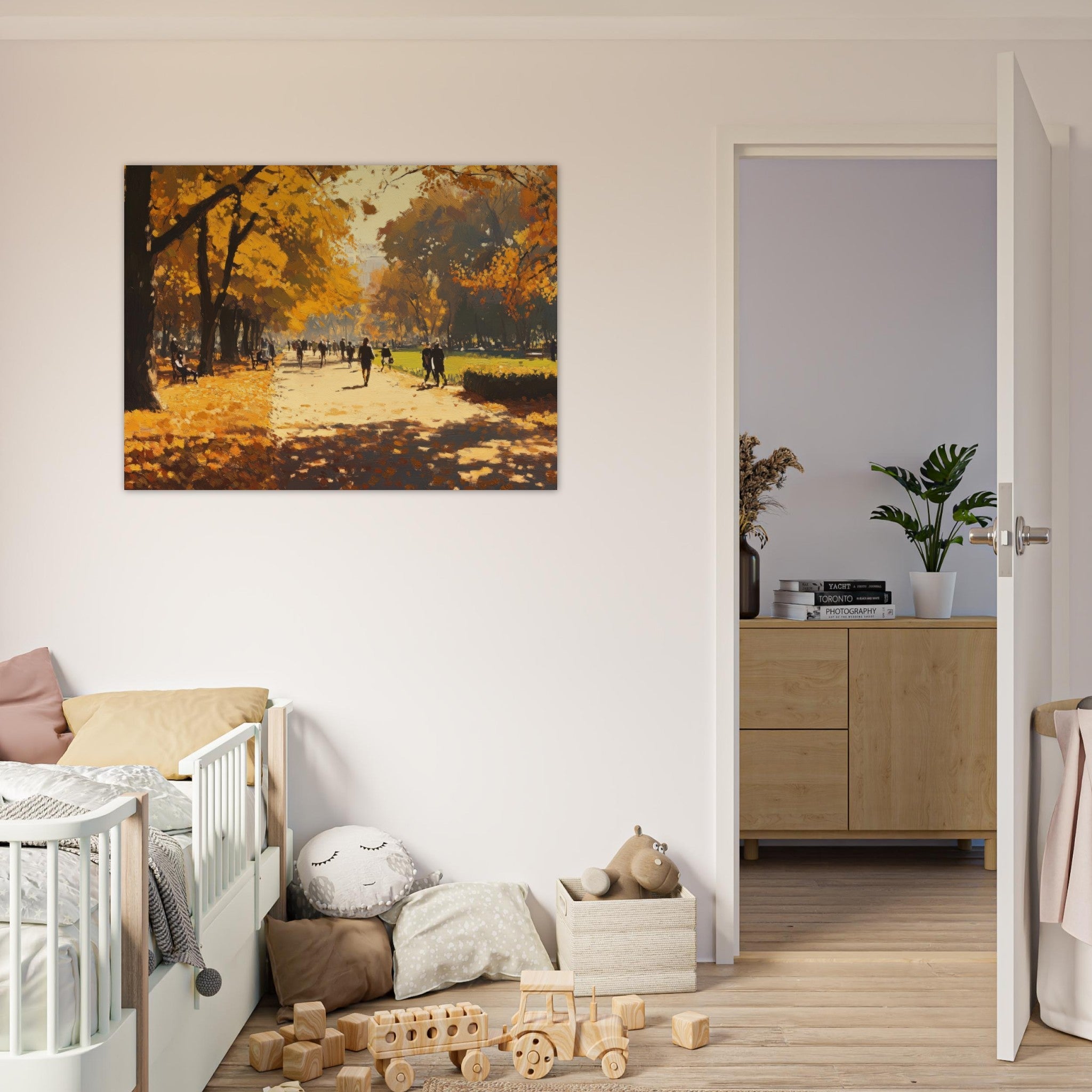 Fine Art Poster Landscape - Autumn Park with Strolling Figures A vast park 3 - Shop Ai Art WebShop - Digital Art online Store