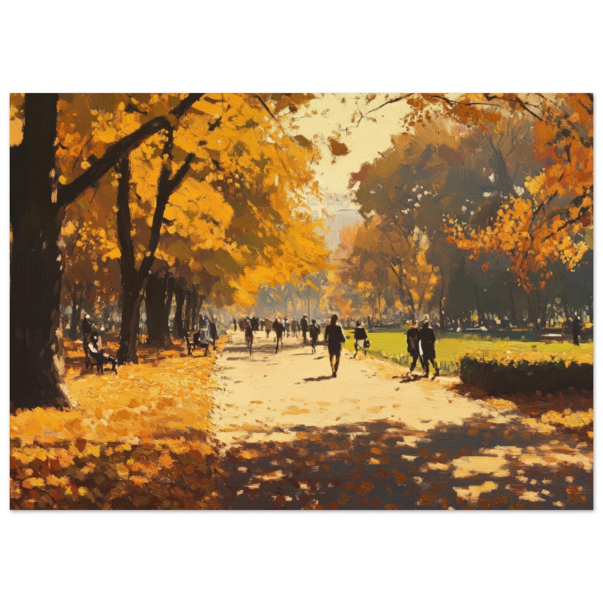 Fine Art Poster Landscape - Autumn Park with Strolling Figures A vast park 3 - Shop Ai Art WebShop - Digital Art online Store