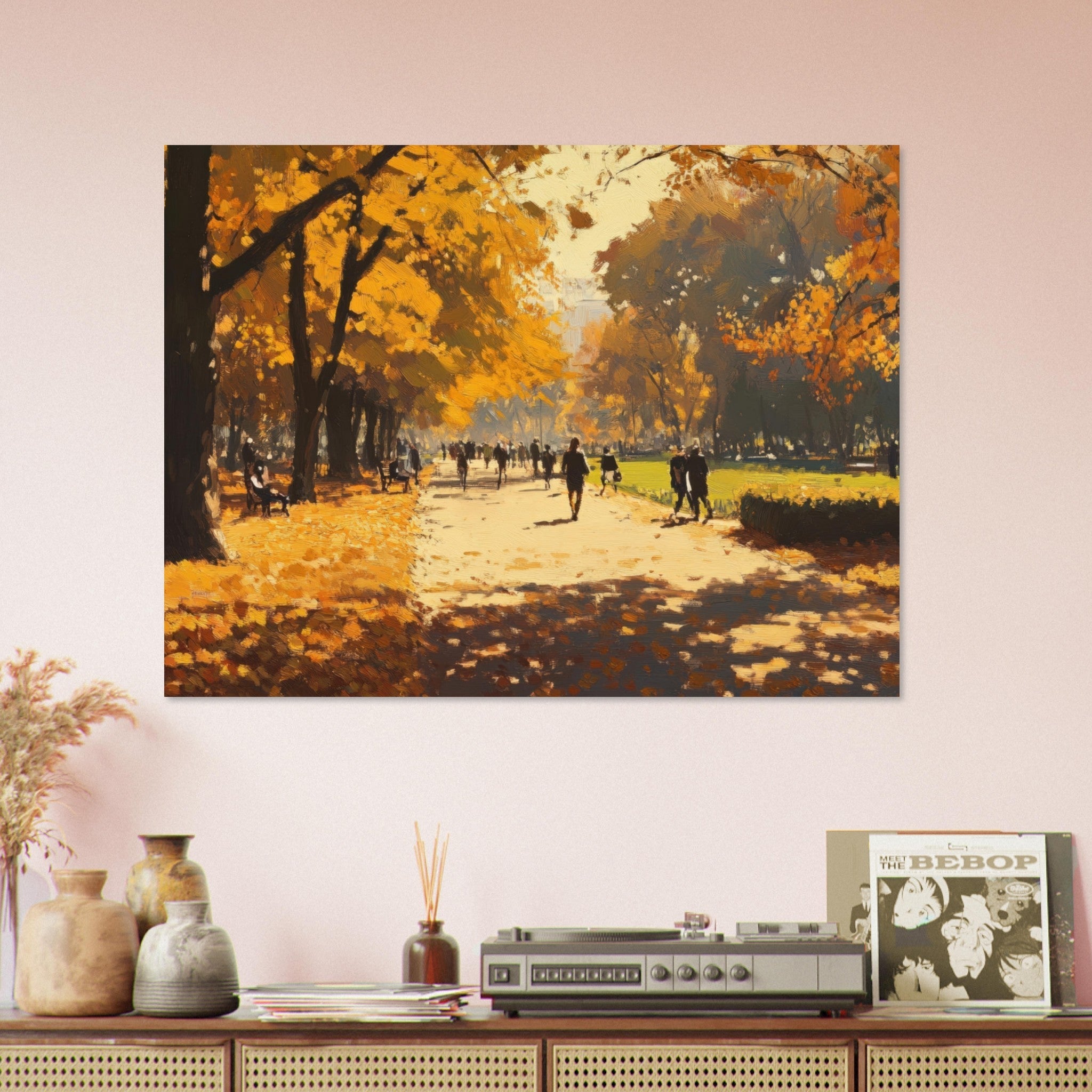Fine Art Poster Landscape - Autumn Park with Strolling Figures A vast park 3 - Shop Ai Art WebShop - Digital Art online Store