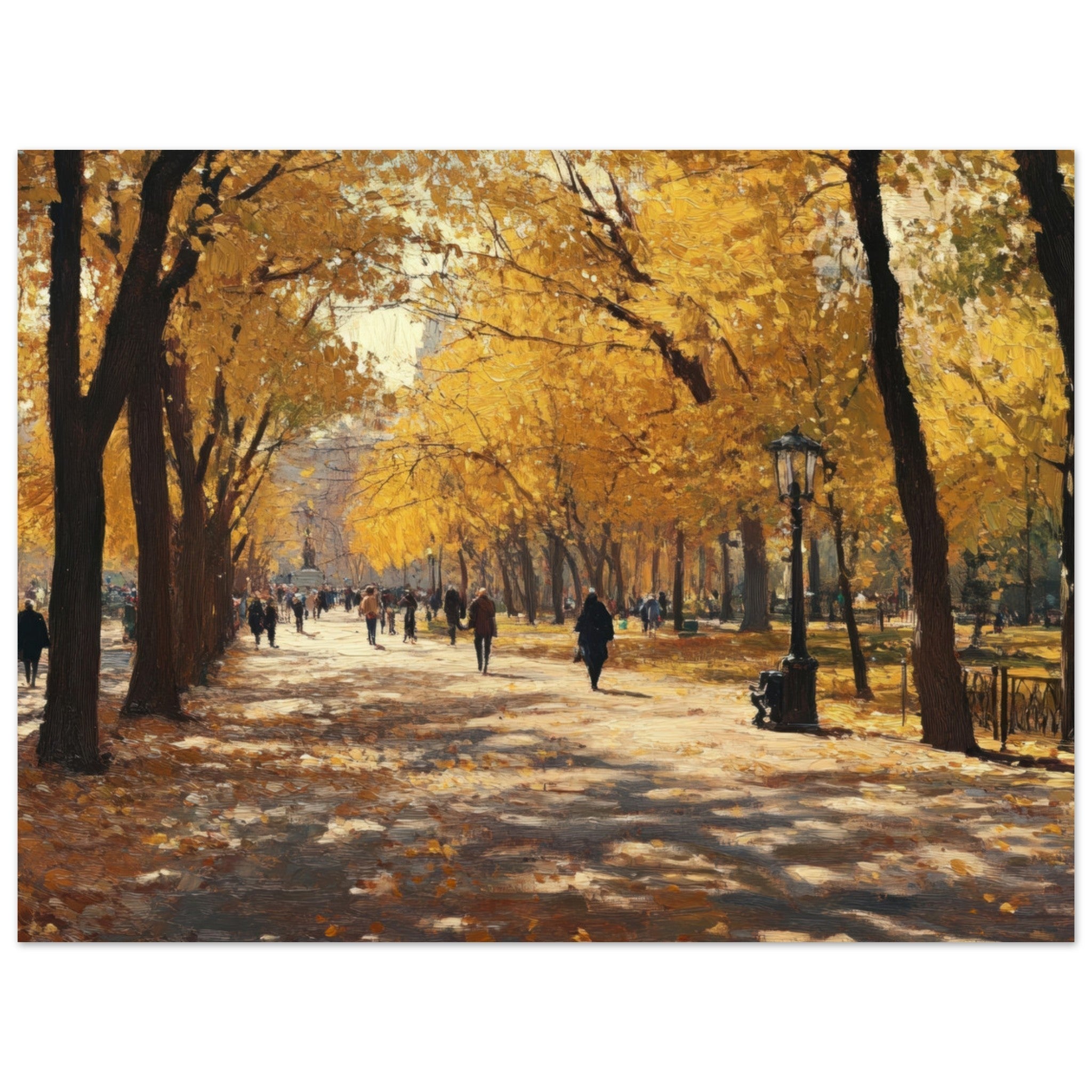 Fine Art Poster Landscape - Autumn Park with Strolling Figures A vast park - Shop Ai Art WebShop - Digital Art online Store