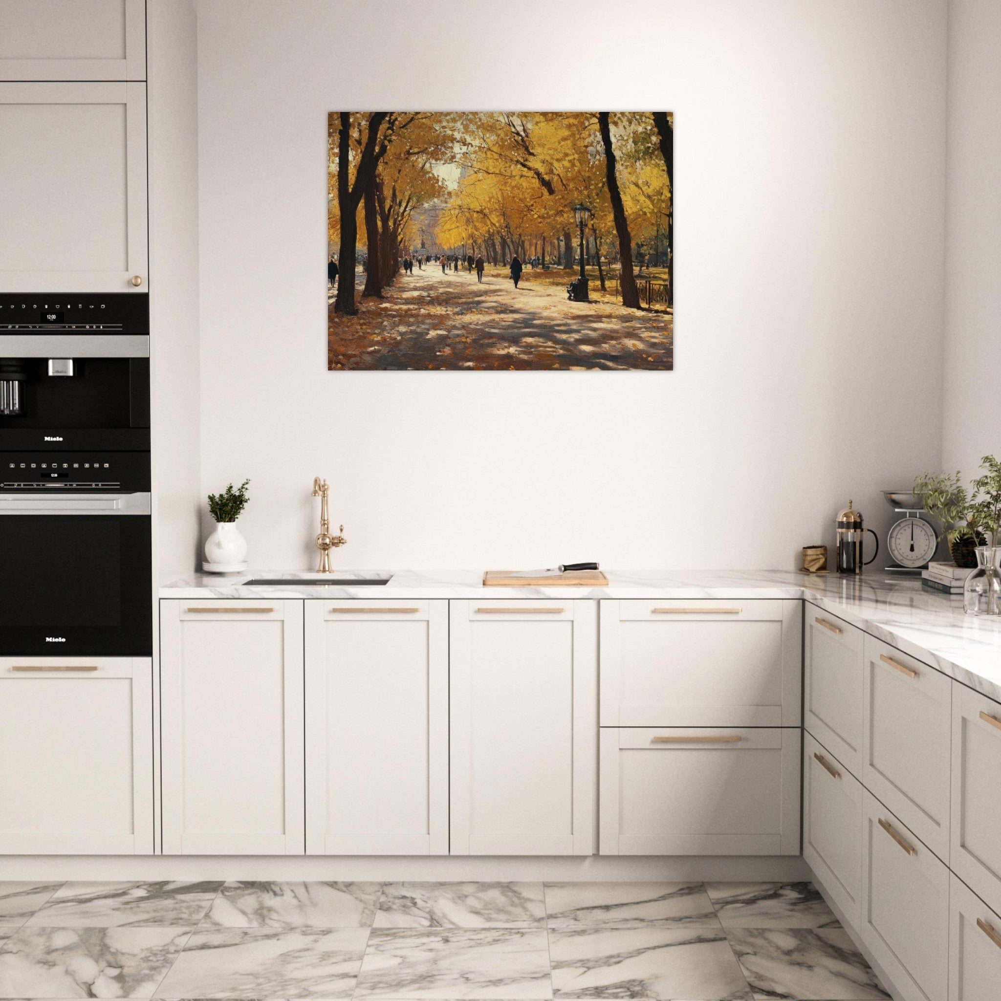 Fine Art Poster Landscape - Autumn Park with Strolling Figures A vast park - Shop Ai Art WebShop - Digital Art online Store